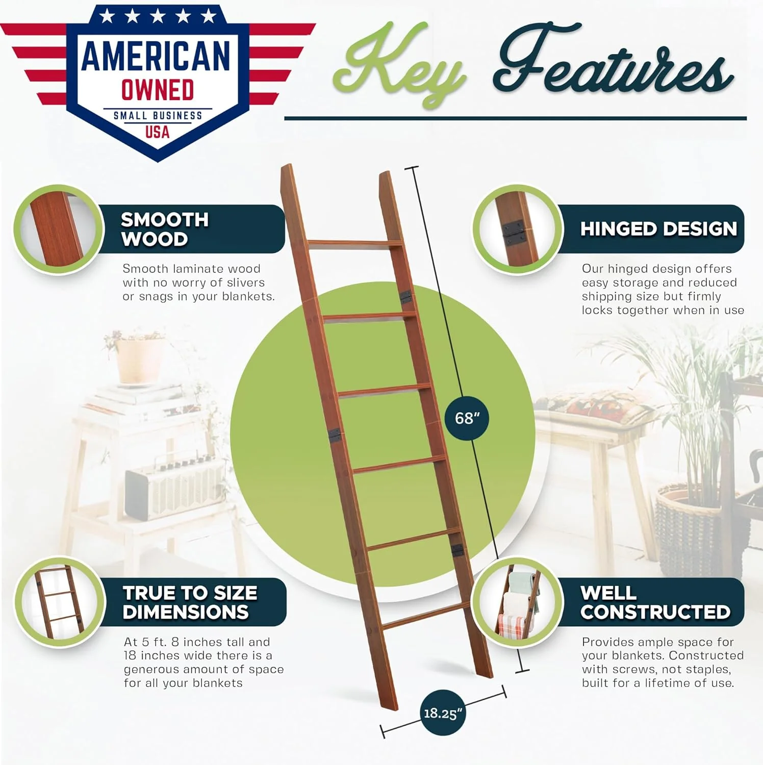 Blanket Ladder for Living Room and Bedroom, 6-Tier Wall Leaning Laminate Snag Free Construction (Brown) Rustic Decorative Farmhouse Blanket Storage, Quilt Rack, Ladder Shelf, Easy Assembly - Retail $48 - Image 3