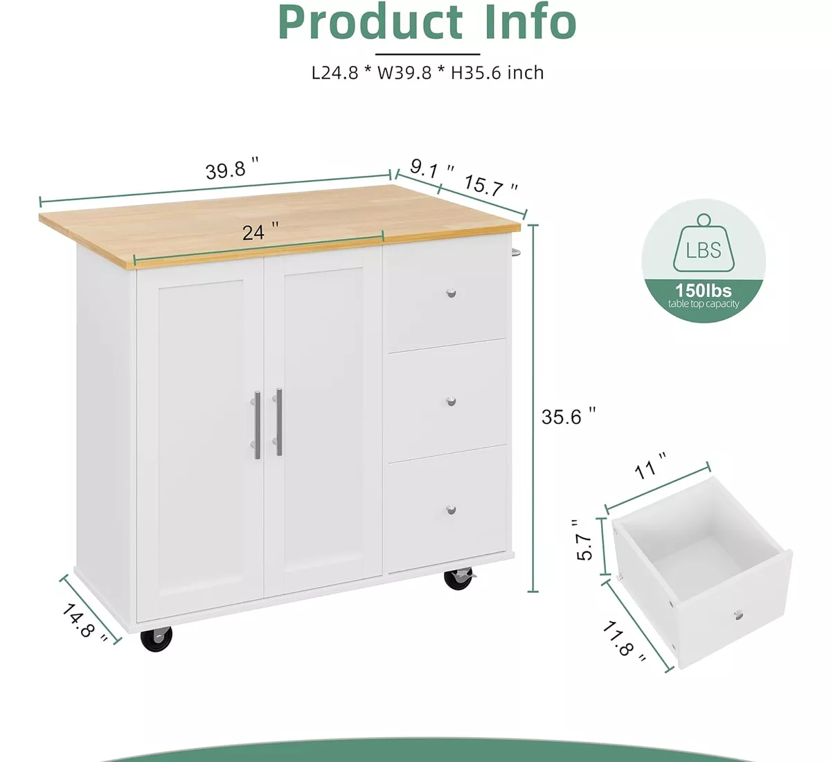 NEW - Shintenchi Rolling Kitchen Island Cart with Folding Drop Leaf Breakfast Bar, Portable Trolley Island with Large Storage Cabinet, Shelf and Drawer, White - Retail $204 - Image 2