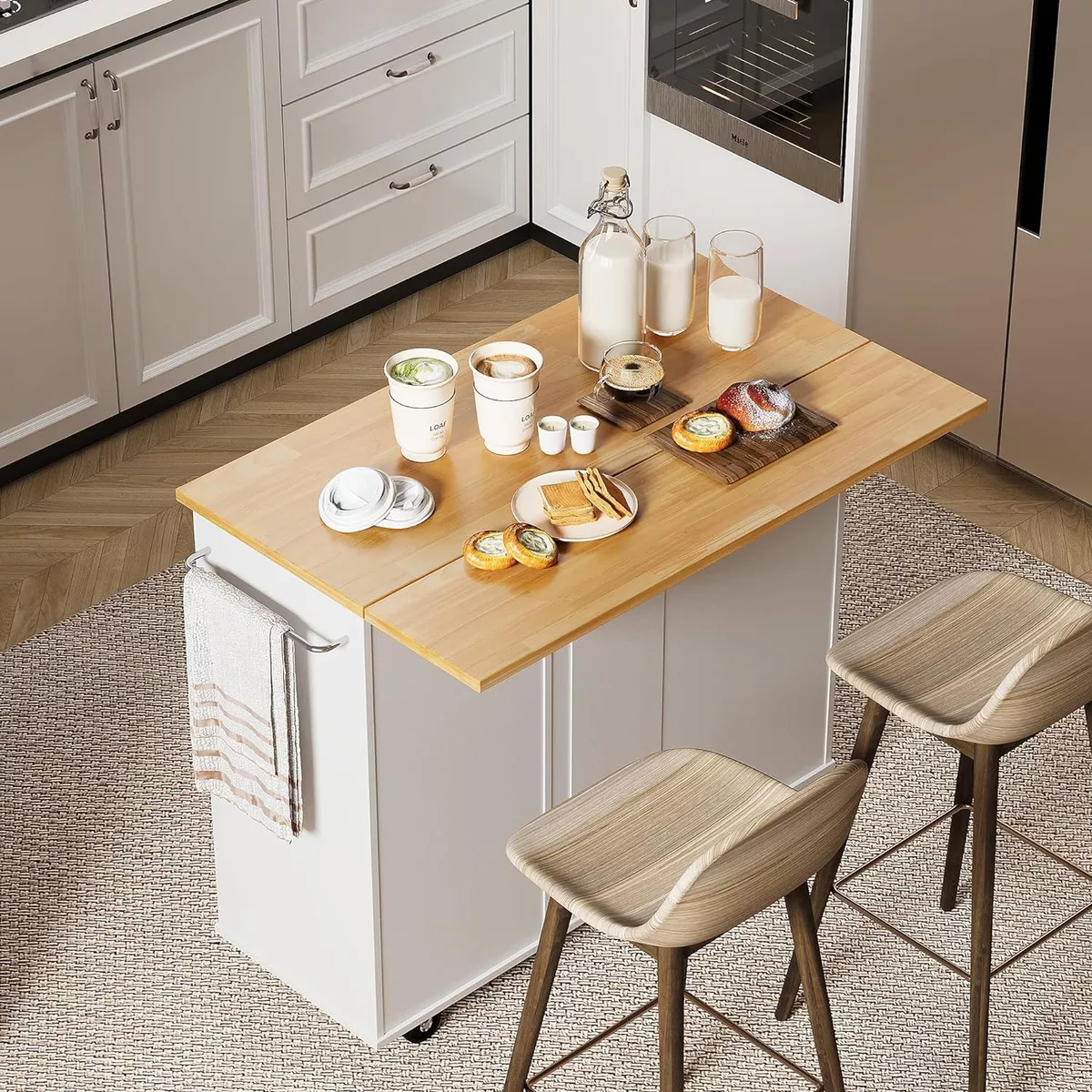 NEW - Shintenchi Rolling Kitchen Island Cart with Folding Drop Leaf Breakfast Bar, Portable Trolley Island with Large Storage Cabinet, Shelf and Drawer, White - Retail $204 - Image 3