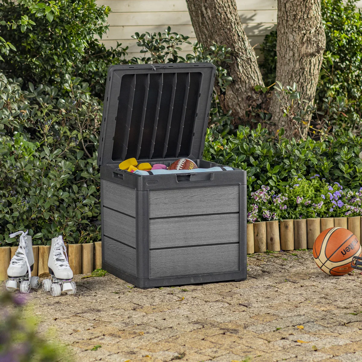 Keter Cortina 30 Gallon Resin Deck Box for Patio Outdoor Storage, Grey - Retail $59 - Image 2