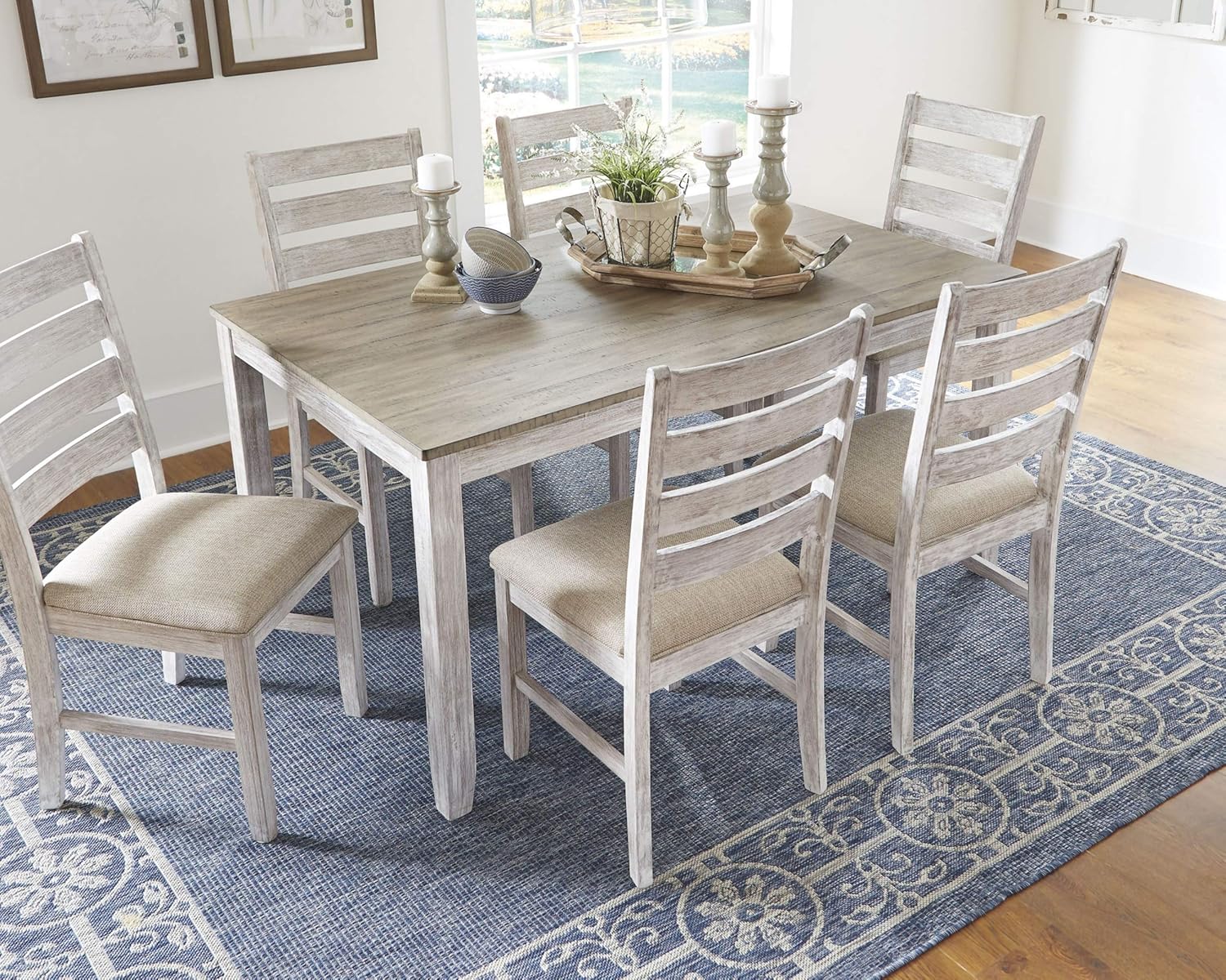 NEW - Signature Design by Ashley Skempton Cottage Dining Room Table Set with 6 Upholstered Chairs, Whitewash, 36inW x 60inD x 30inH - Retail $699 - Image 2