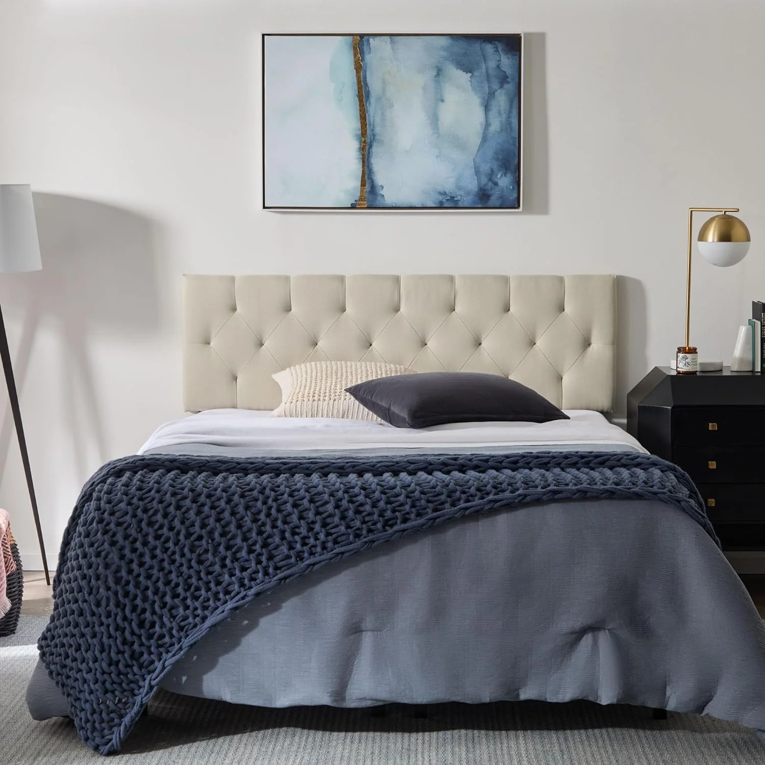 NEW - LUCID QUEEN Mid-Rise Upholstered Headboard - Diamond Tufted - Padded Polyester - Adjustable Height- Easy Assembly - Bed Frame or Wall Mount - Sturdy - Pearl - Queen Size - Retail $99 - Image 2