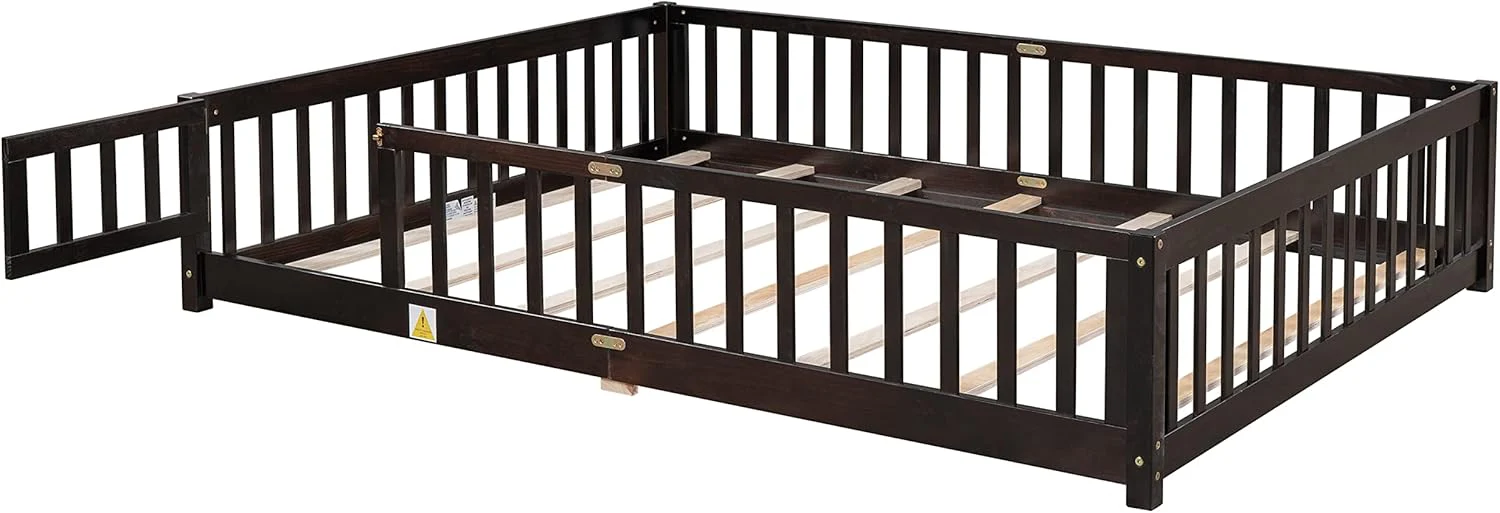 NEW - Dolonm QUEEN Size Montessori Bed, Toddler Floor Bed for Kids, Floor Platform Bed with Fence Guardrails and Door, Montessori Floor Bed Frame, Wooden Floor Bed Toddler, Espresso - Image 3