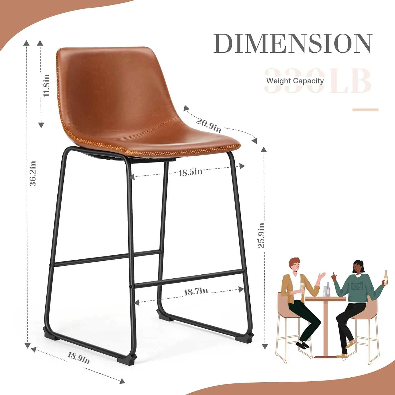 NEW - Sweetcrispy Counter Height Bar Stools Set of 4, Modern Counter Stool Faux Leather Barstools with Back, 26 inch Seat Height Island Stools Countertop Comfortable Brown Bar Chairs with Metal Legs - Retail $179 - Image 2