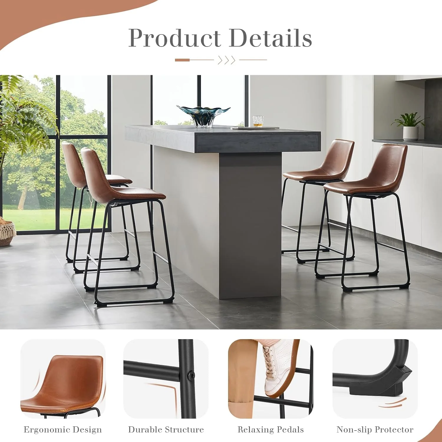 NEW - Sweetcrispy Counter Height Bar Stools Set of 4, Modern Counter Stool Faux Leather Barstools with Back, 26 inch Seat Height Island Stools Countertop Comfortable Brown Bar Chairs with Metal Legs - Retail $179 - Image 6