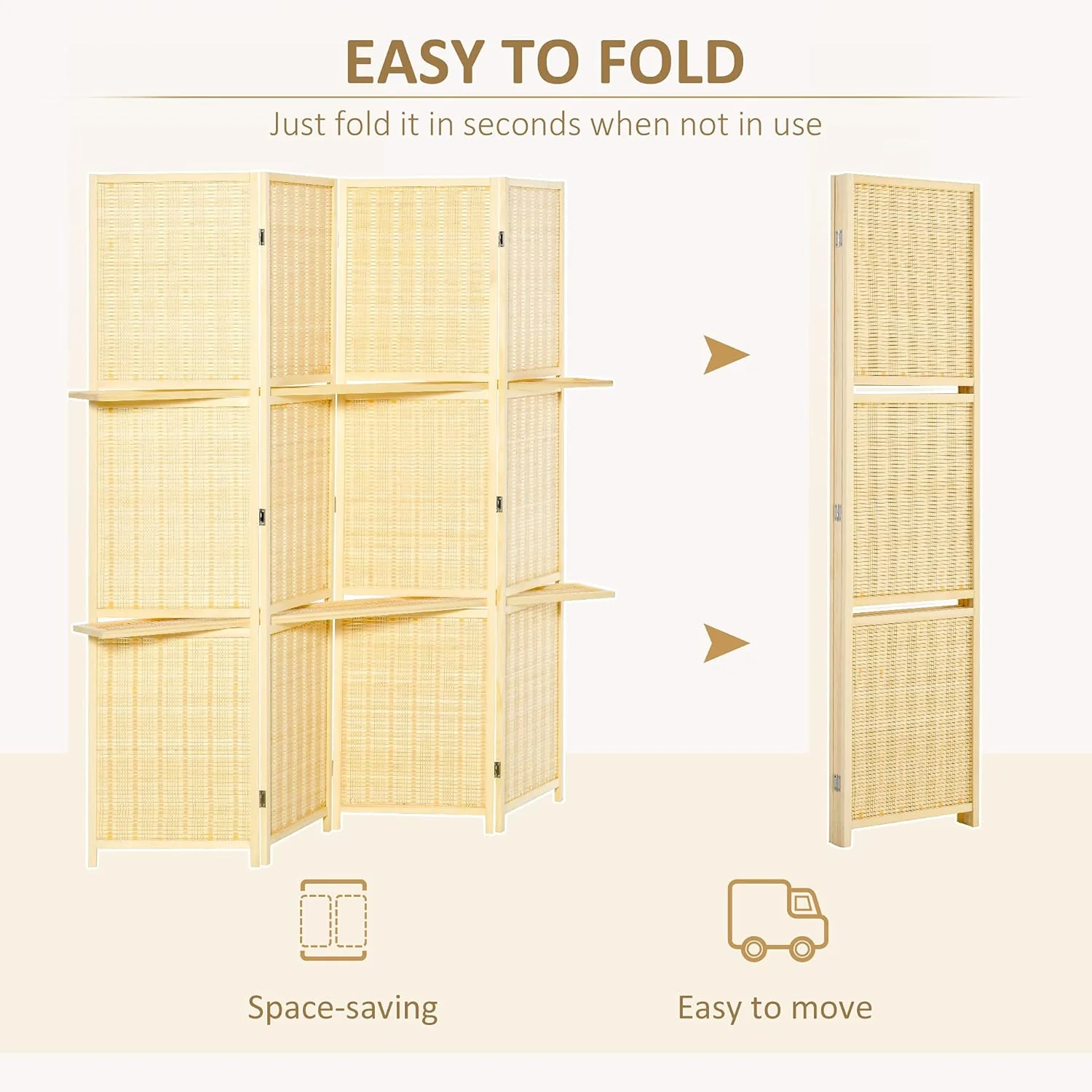 NEW - HOMCOM 4-Panel Bamboo Room Divider, 6 Ft Folding Privacy Screen with 2 Display Shelves for Bedroom and Office, Natural - Retail $111 - Image 4