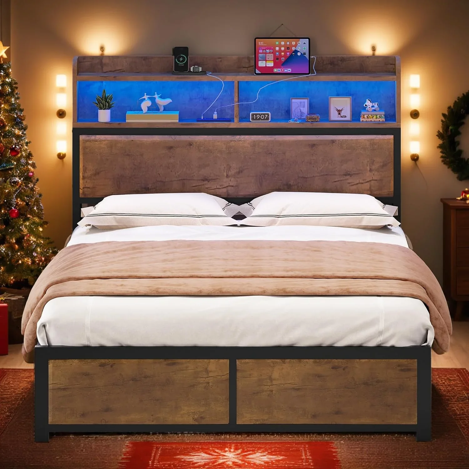 YITAHOME Queen Size Bed Frame,LED Bed Frame with Headboard,USB Ports & Charging Outlets,Metal Platform Bed Frame with 2 Tiers Storage Shelves, No Box Spring Needed, Vintage Grey - Image 2