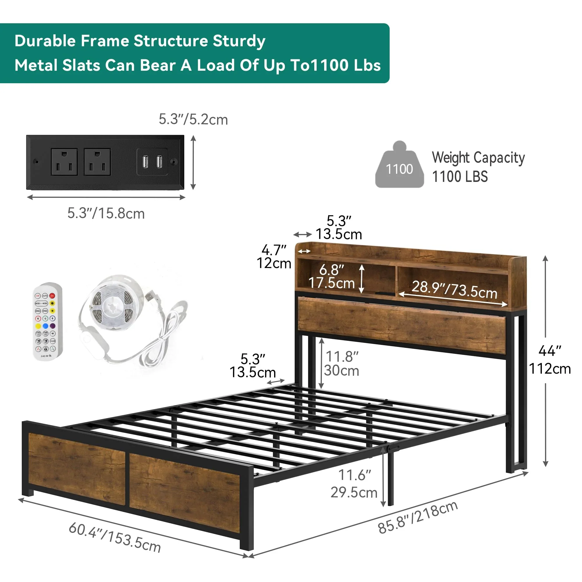 YITAHOME Queen Size Bed Frame,LED Bed Frame with Headboard,USB Ports & Charging Outlets,Metal Platform Bed Frame with 2 Tiers Storage Shelves, No Box Spring Needed, Vintage Grey - Image 4