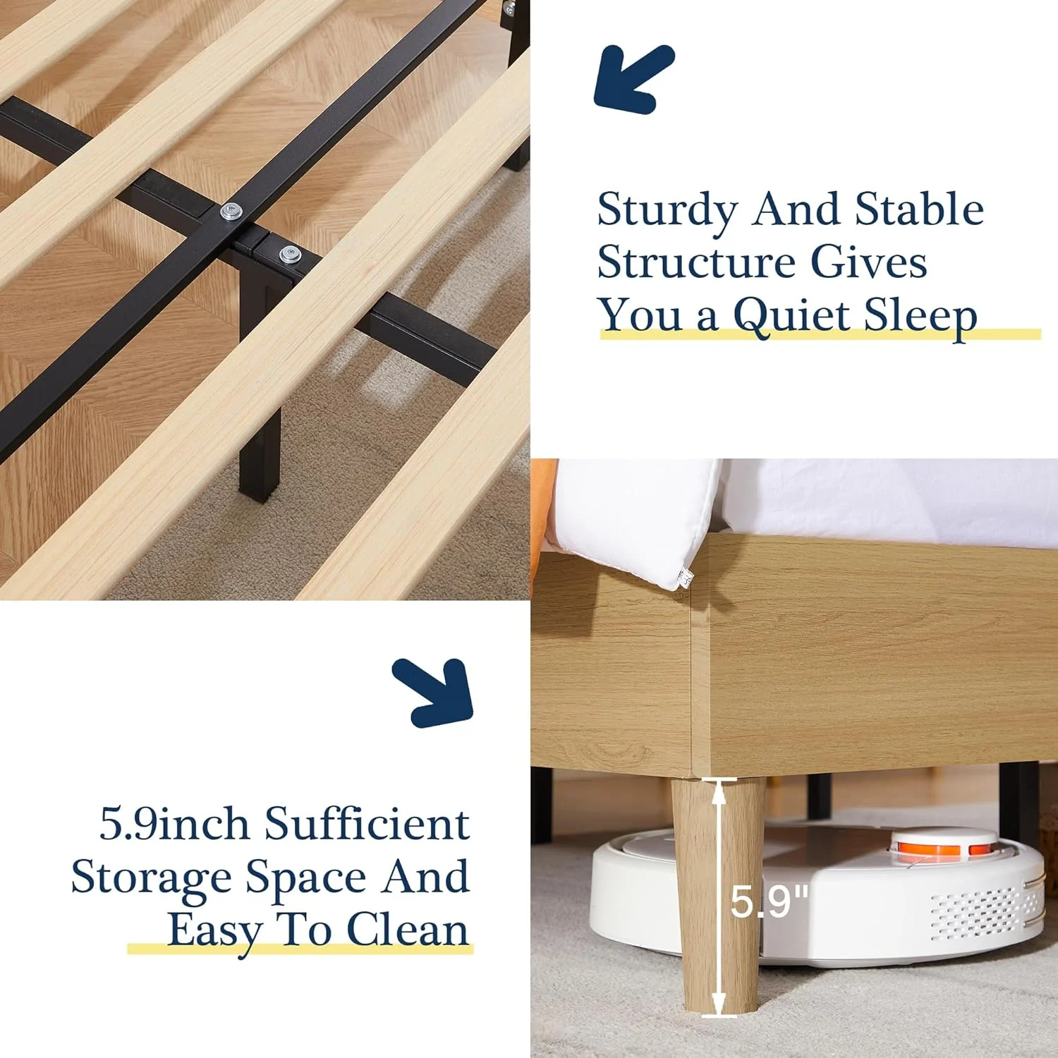 NEW - VECELO QUEEN Bed Frame Upholstered Platform Beds with Height-Adjustable Cotton and Linen Headboard, Heavy Duty Wood Slats, 6" Under-Bed Space, Noise-Free, No Box Spring Needed,Easy Assembly - Image 3