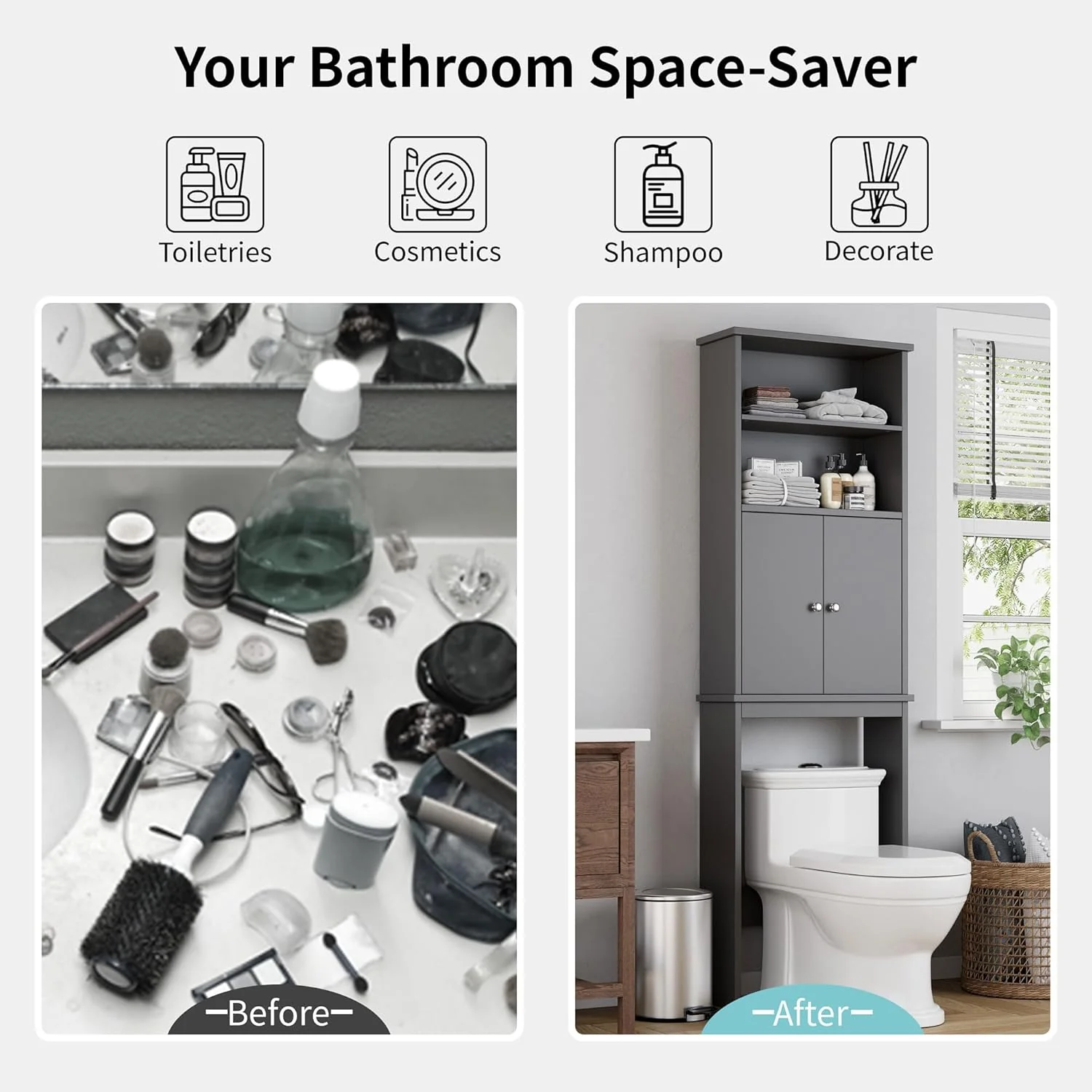 Shintenchi Over The Toilet Storage Cabinet, Bathroom Above The Toilet Rack, Bathroom Adjustable Shelf Organizer with Open Bottom Bar and Anti-Tip Device, Gray - Image 6