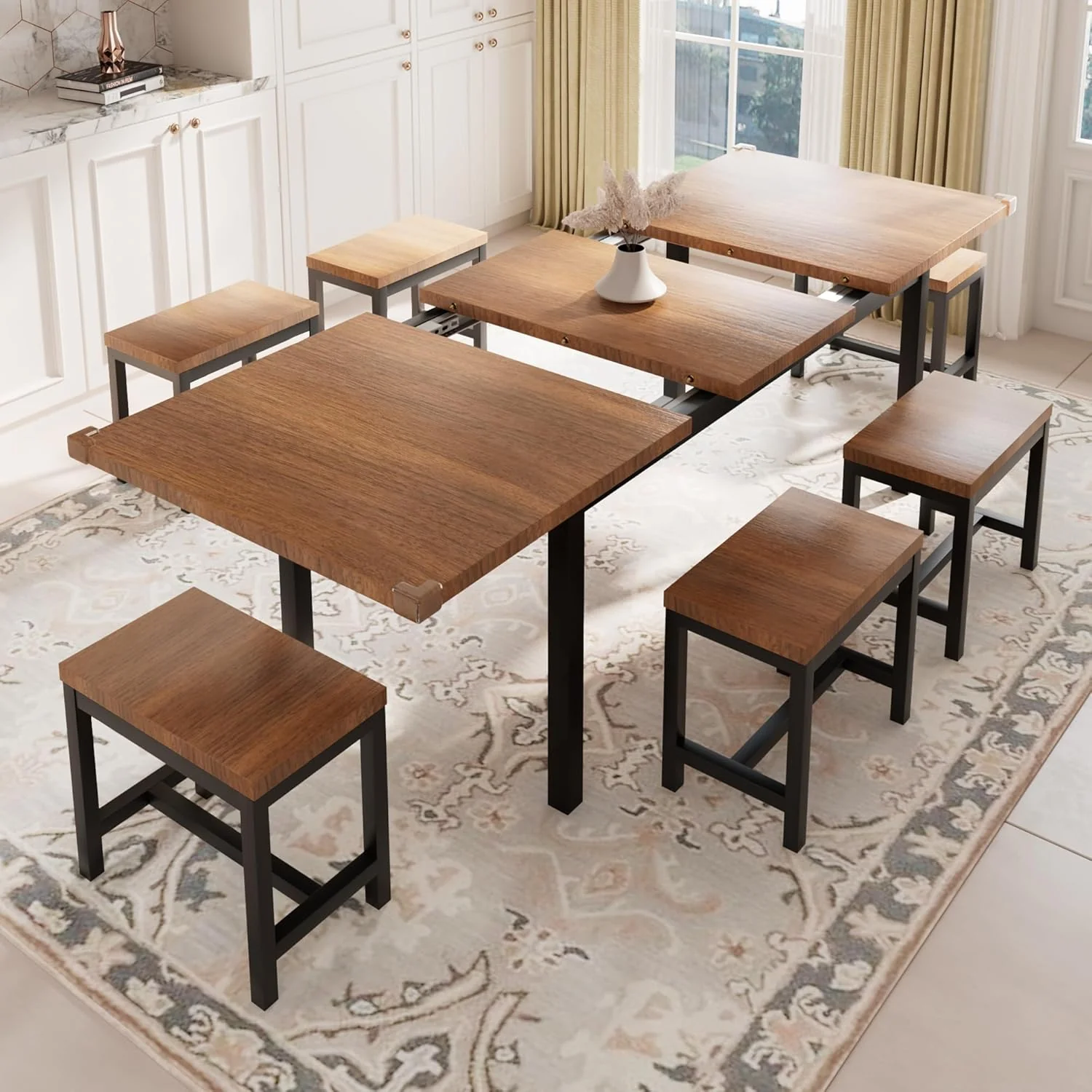 Feonase 7-Piece Dining Table Set with 6 Stools, 63" Large Extendable Kitchen Table Set for 4-8, Mid-Century Dining Room Table with Heavy-Duty Frame, Easy Assembly, Walnut - Image 3