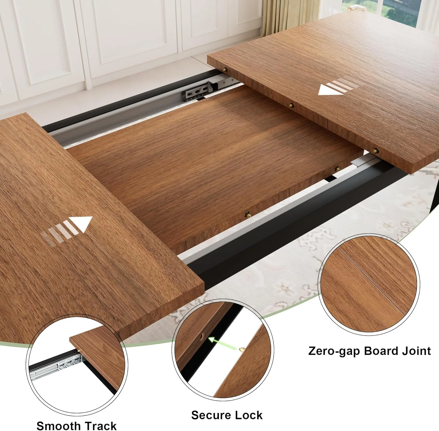 Feonase 7-Piece Dining Table Set with 6 Stools, 63" Large Extendable Kitchen Table Set for 4-8, Mid-Century Dining Room Table with Heavy-Duty Frame, Easy Assembly, Walnut - Image 4