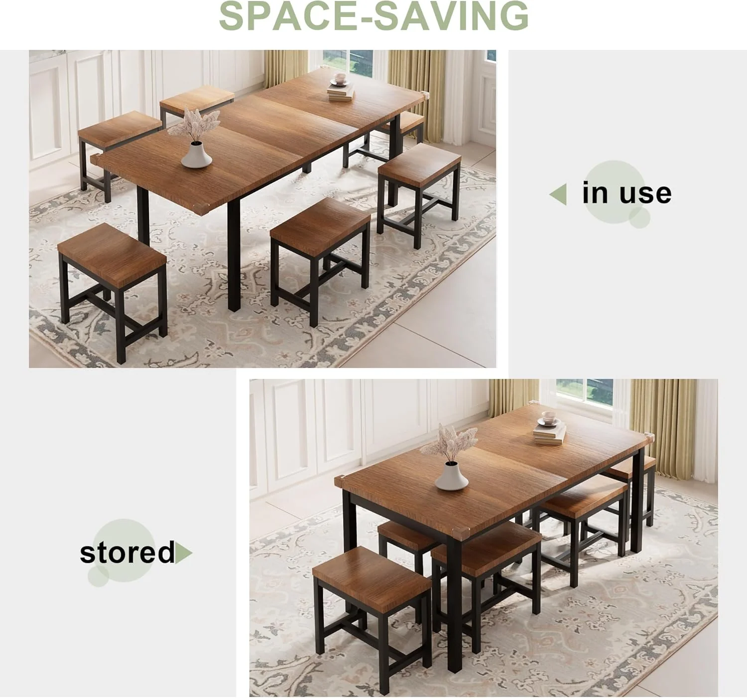 Feonase 7-Piece Dining Table Set with 6 Stools, 63" Large Extendable Kitchen Table Set for 4-8, Mid-Century Dining Room Table with Heavy-Duty Frame, Easy Assembly, Walnut - Image 7