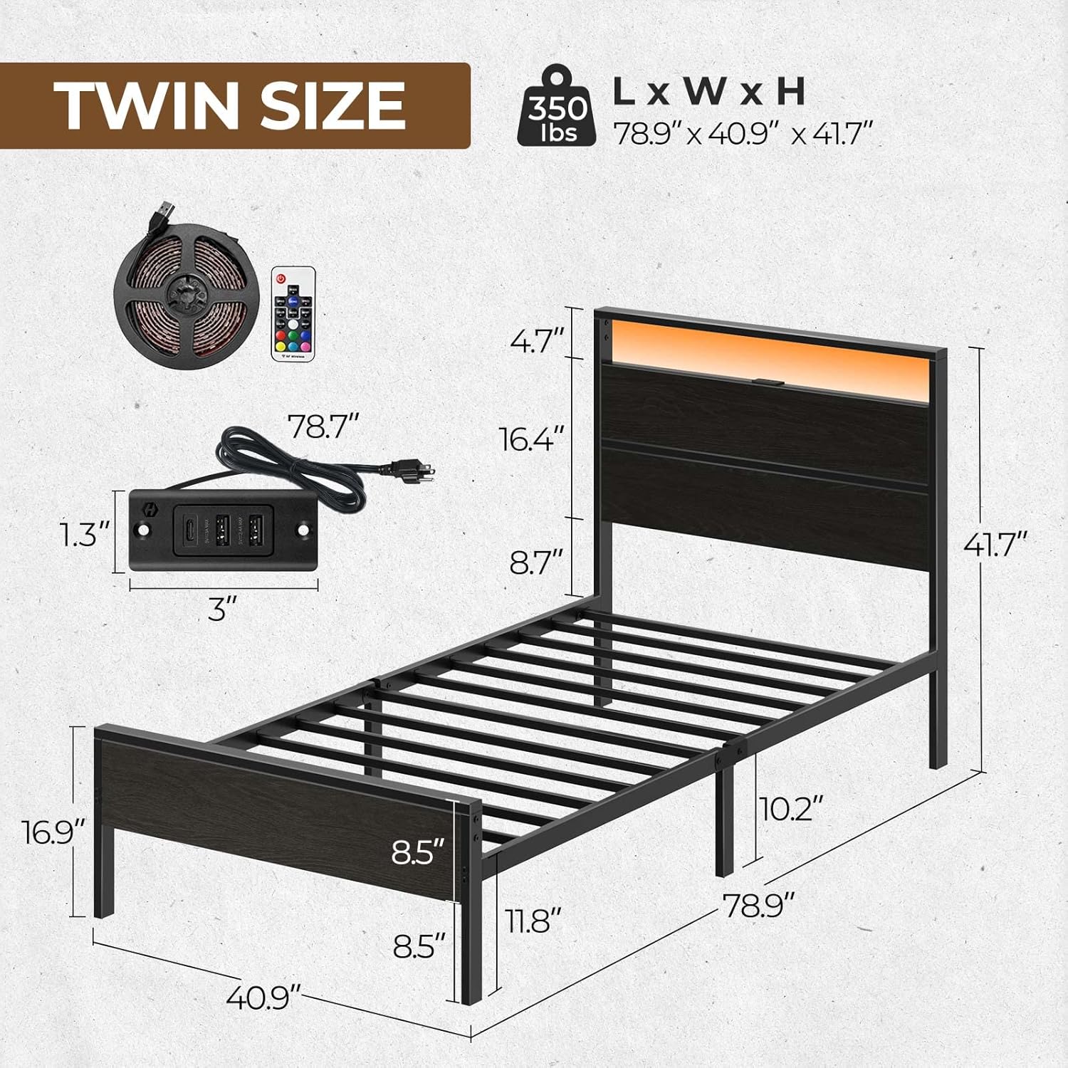 Rolanstar Twin Bed Frames with Headboard, Twin Bed with LED Lights, Camas Twin Size Bed with Charging Station, Solid Metal Slats, Noise Free, No Box Spring Needed, Black - Image 2
