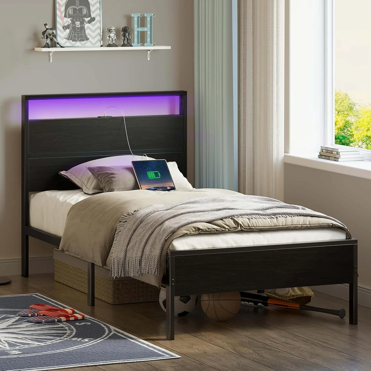 Rolanstar Twin Bed Frames with Headboard, Twin Bed with LED Lights, Camas Twin Size Bed with Charging Station, Solid Metal Slats, Noise Free, No Box Spring Needed, Black - Image 7