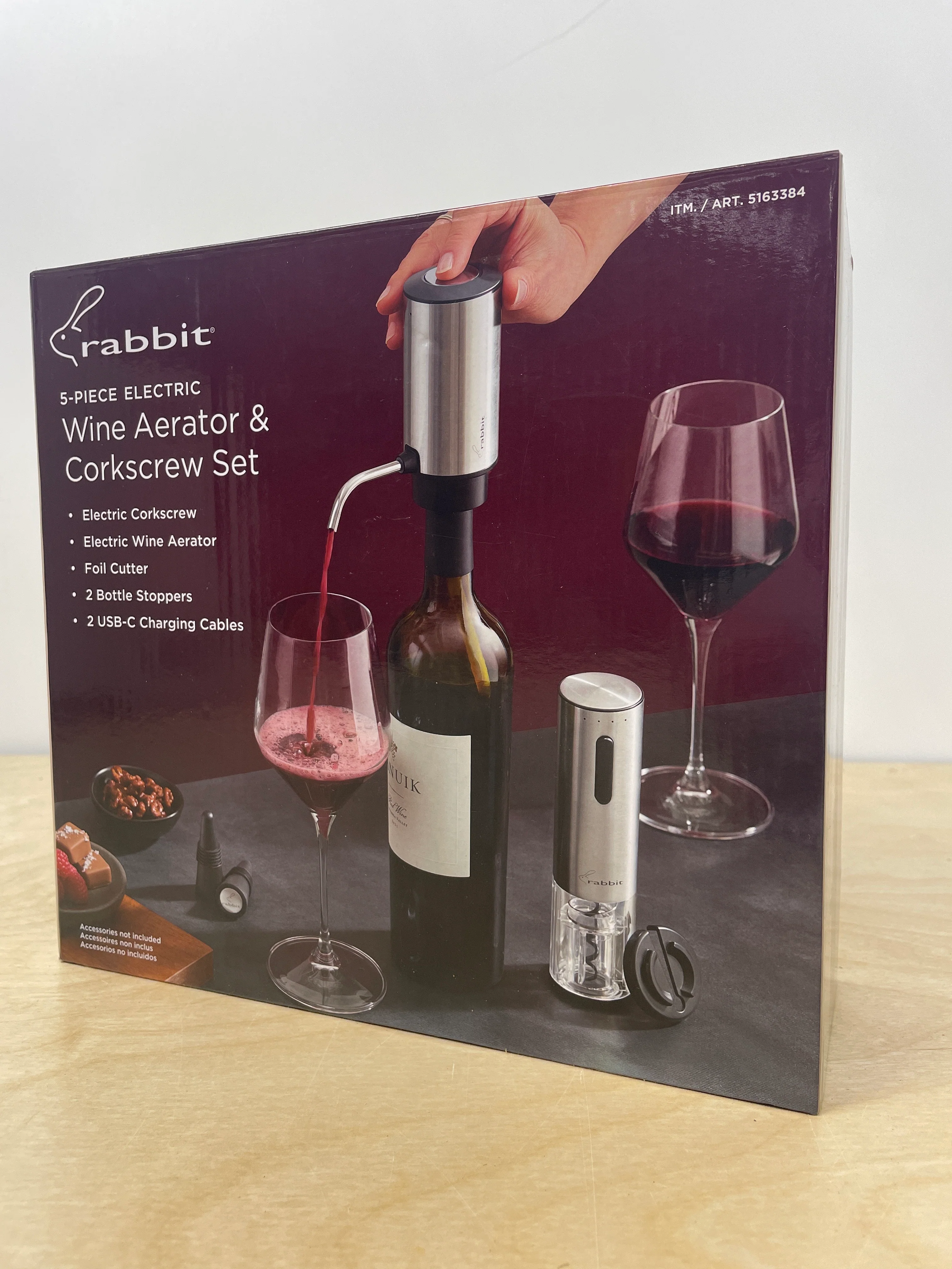 Rabbit Electric Wine Tool Set - 5-Piece Wine Accessory Collection - Aerator, Corkscrew, Cutter, Stoppers, Charging Cables - Retail $39 - Image 4