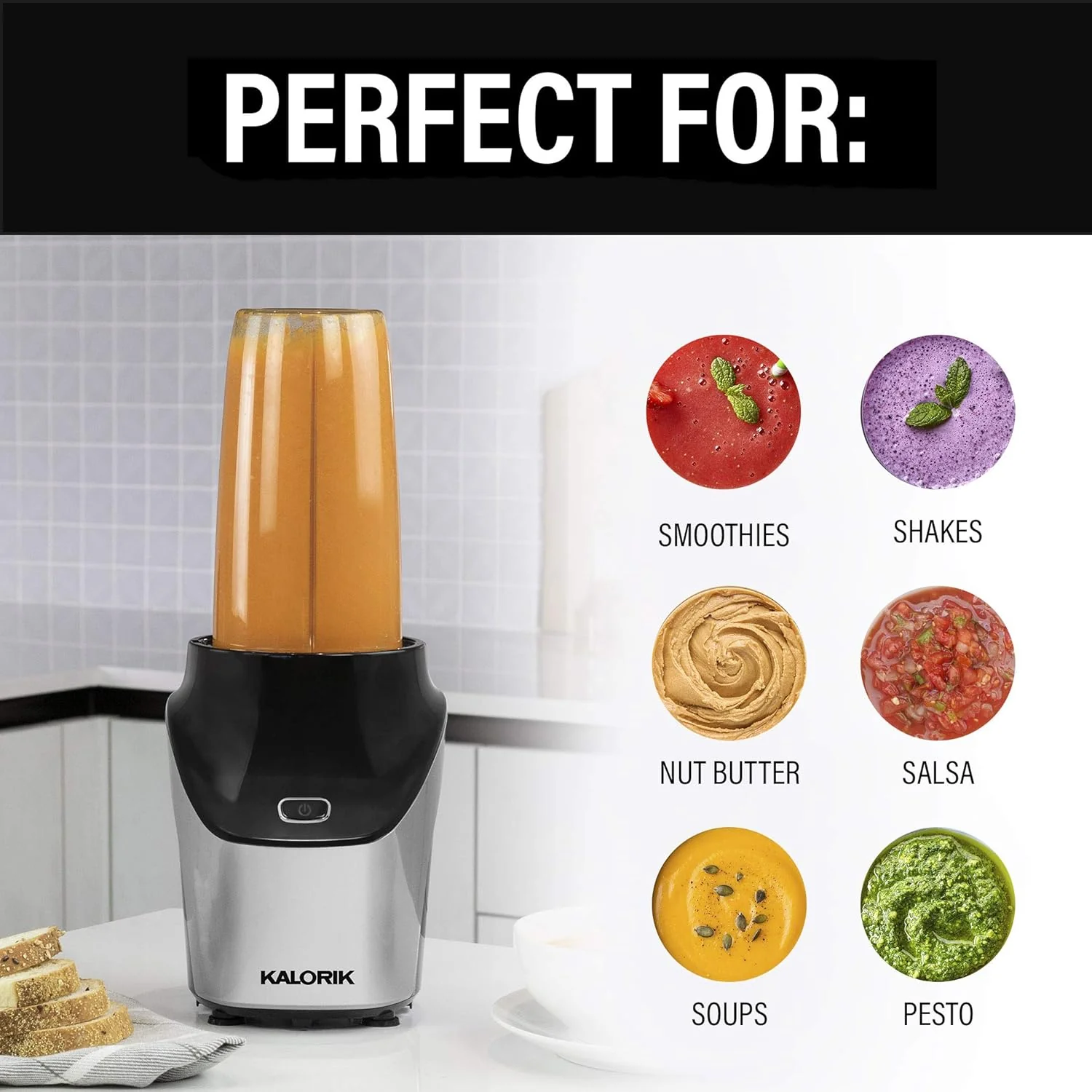 Kalorik Bullet Blender Set (34 oz /15.2 oz) High-Speed Portable Fitness Blender Set with Personal Blending Cup, Grinding Cup, Seal Lids, & To-Go Lid, 1000W, Black & Stainless Steel, NBL 45545 OW - Retail $69 - Image 3