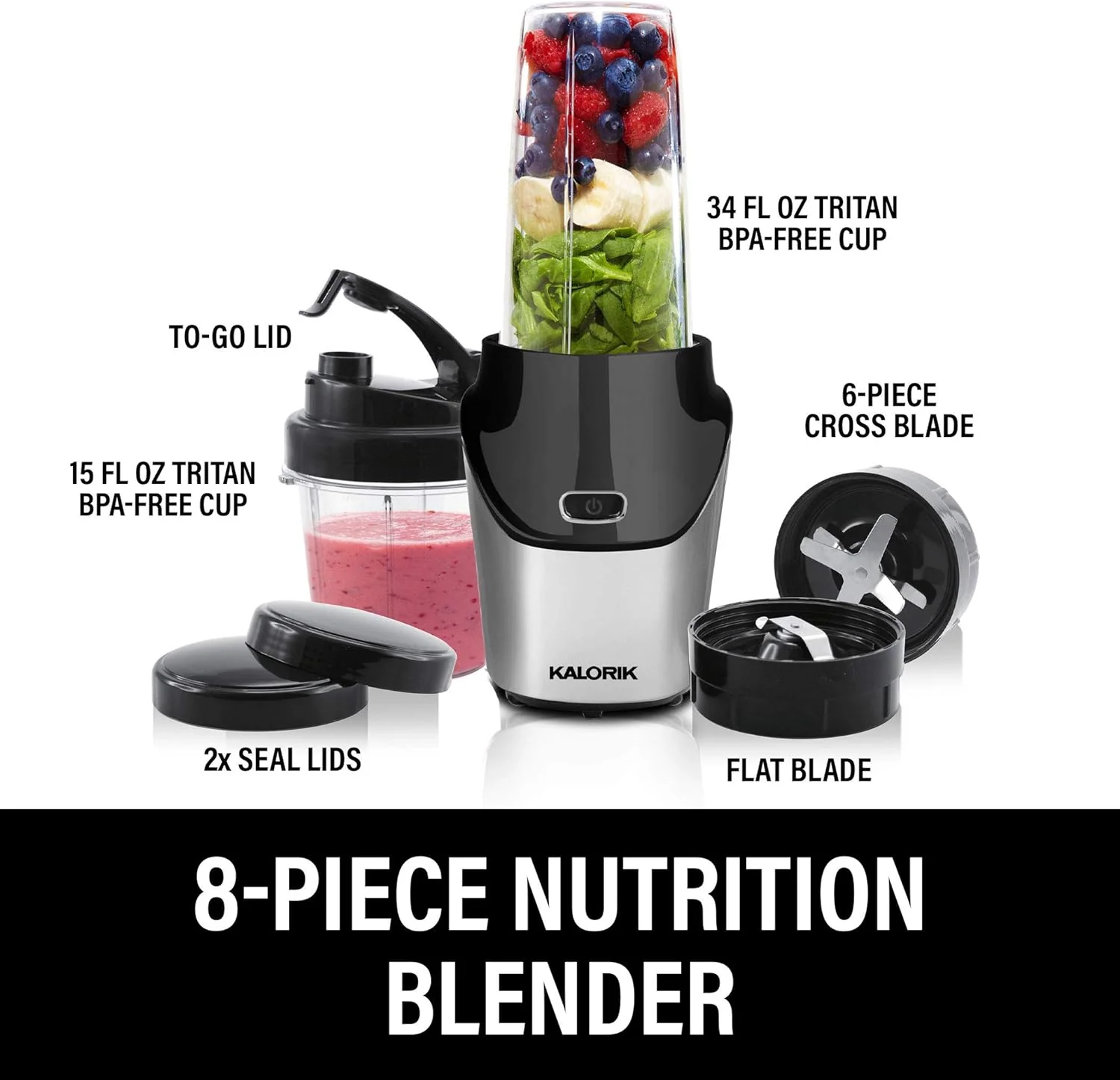 Kalorik Bullet Blender Set (34 oz /15.2 oz) High-Speed Portable Fitness Blender Set with Personal Blending Cup, Grinding Cup, Seal Lids, & To-Go Lid, 1000W, Black & Stainless Steel, NBL 45545 OW - Retail $69 - Image 4