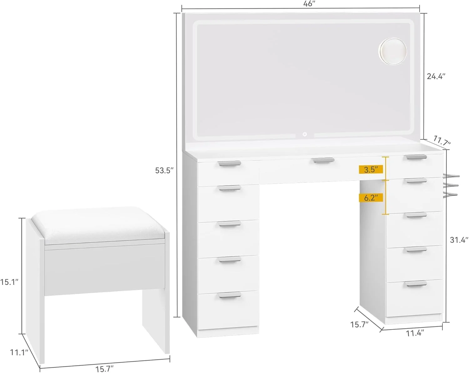 NEW - DWVO Wooden Makeup Vanity Desk Set with XL LED Mirror and Power Outlets, 11-Drawer Dressing Table with Storage Bench and Magnifying Glass for Bedroom, Pearl White - Retail $299 - Image 2