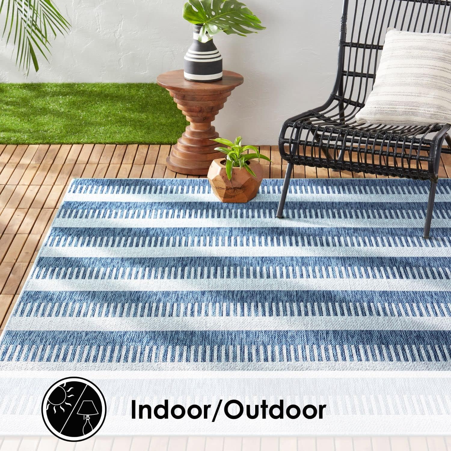 NEW - Nicole Miller New York Patio Country Charlotte Modern Stripe Indoor/Outdoor Area Rug, Aqua/Ivory, 7 ft 9 in x 10 ft 2 in - Retail $244 - Image 3