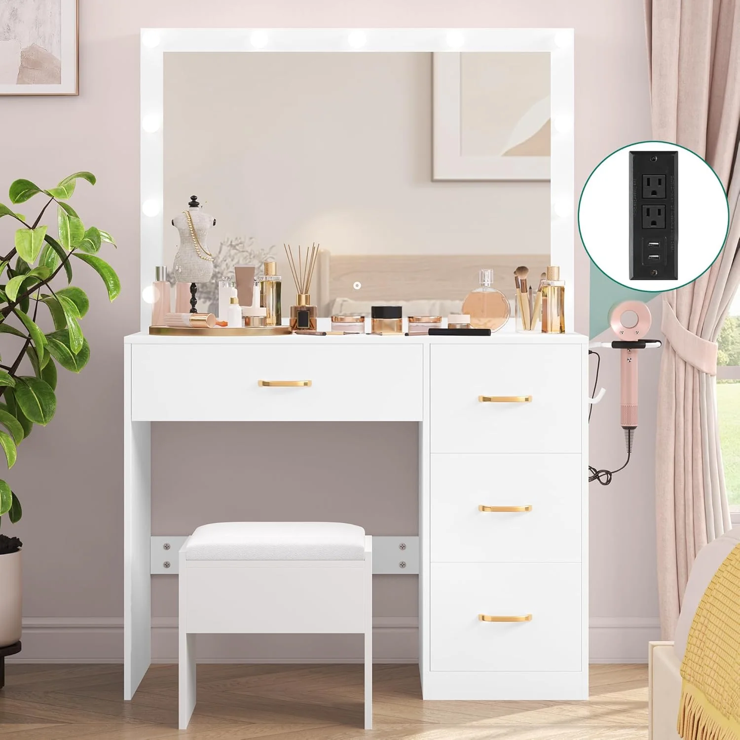 YITAHOME Vanity Desk Set with Large Lighted Mirror & Power Outlet