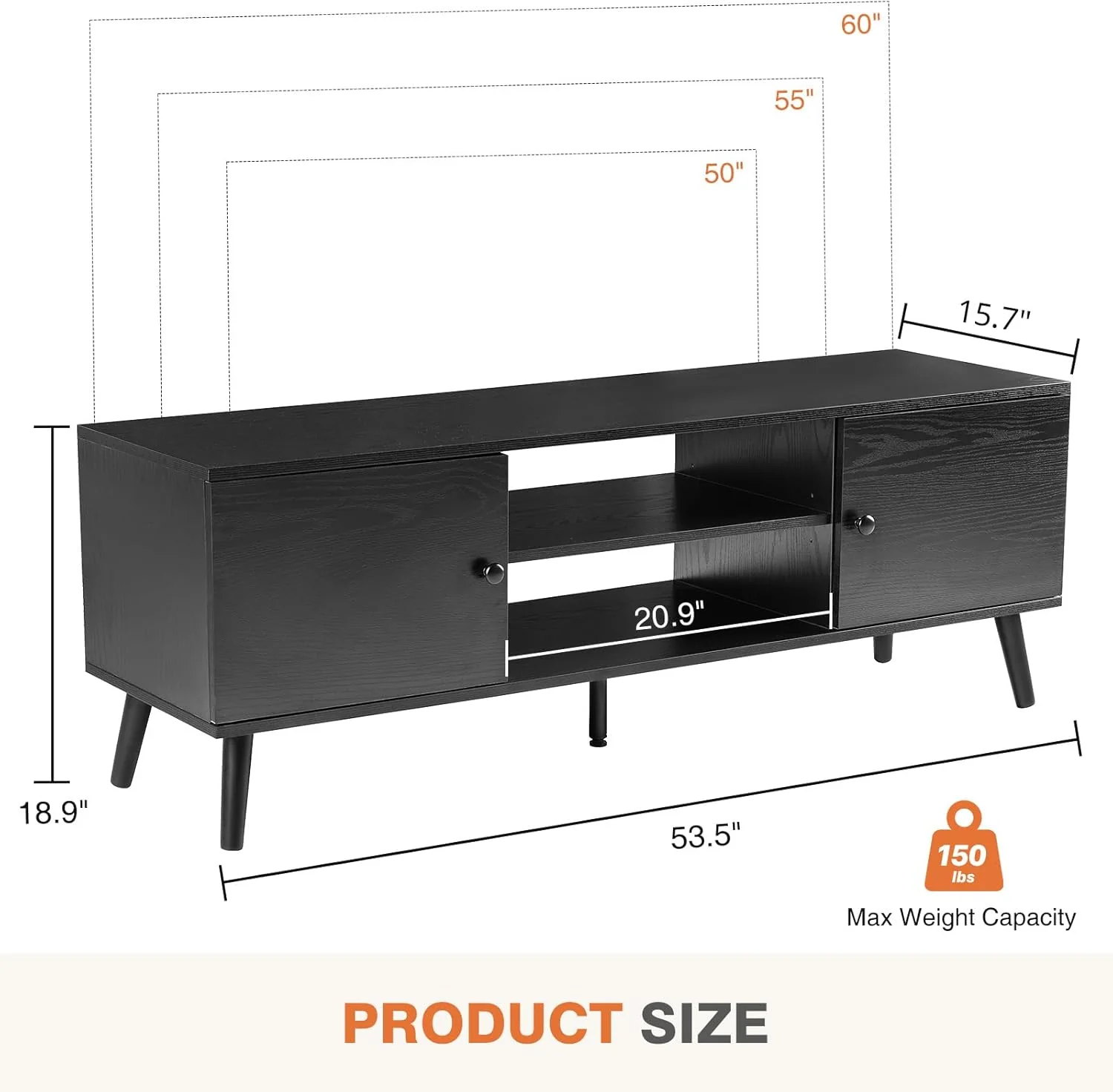 NEW - Sweetcrispy TV Stand for 55 60 inch Television, Entertainment Center with Storage, 2 Cabinet Media Console Table, Soft Hinge Door with Handle, Wood Feet, Living Room, Bedroom Furniture, Charcoal Black - Retail $149 - Image 2