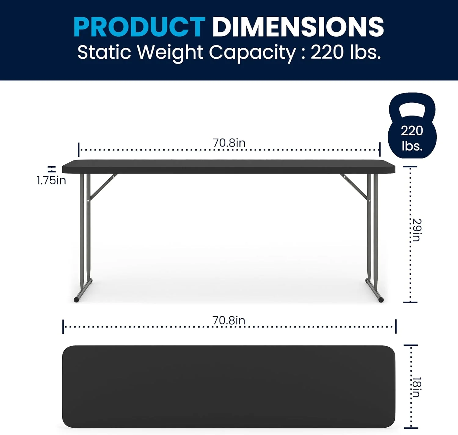 Flash Furniture Kathryn 6 ft Plastic Folding Training and Event Table, Rectangular Folding Training Table with 220-lb. Static Weight Capacity, Black - Retail $91 - Image 3