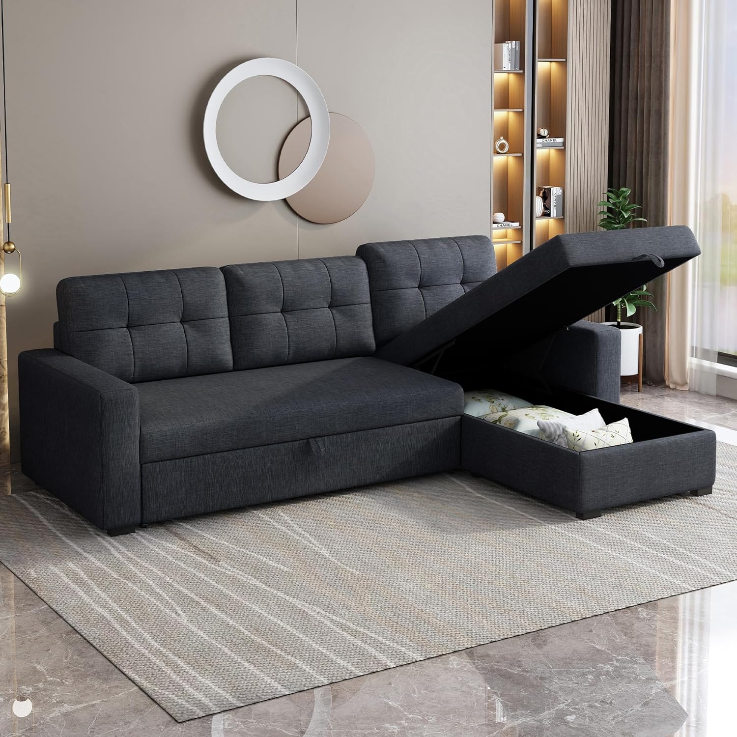 NEW - ACQCA Dark Grey 81.in Sectional Sleeper Sofa with Storage Chaise, L Shaped Pull Out Couch Bed with 3 Removable Back Cushion for Living Room,Apartment,Office,Dark Grey - Retail $443 - Image 3