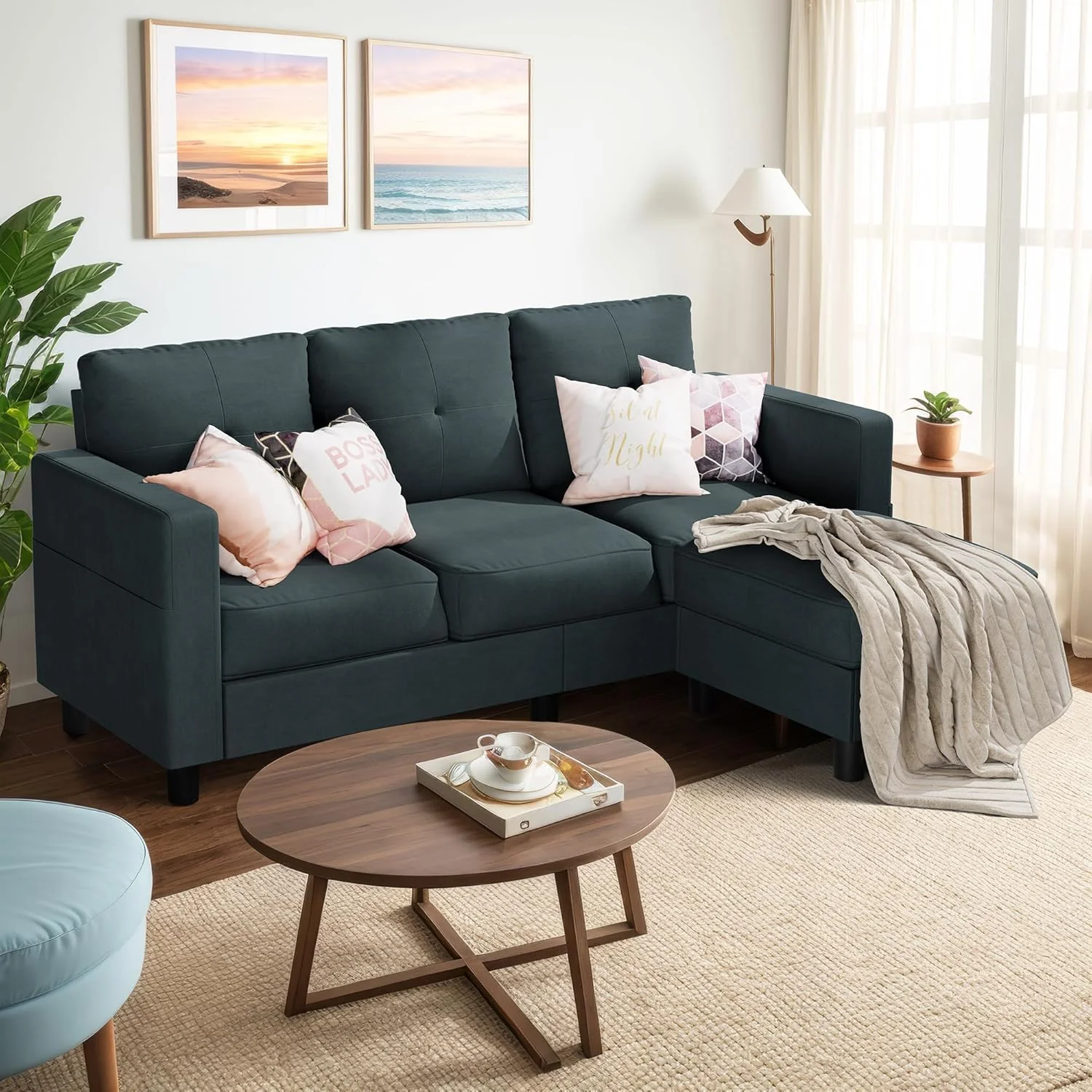 NEW - Shintenchi 79 Inch Convertible Sectional Sofa Couch, Modern Linen Fabric L-Shaped , 3-Seat Sofa Sectional with Reversible Chaise for Living Room, Apartment and Small Space (Dark Grey) - Retail $259 - Image 2