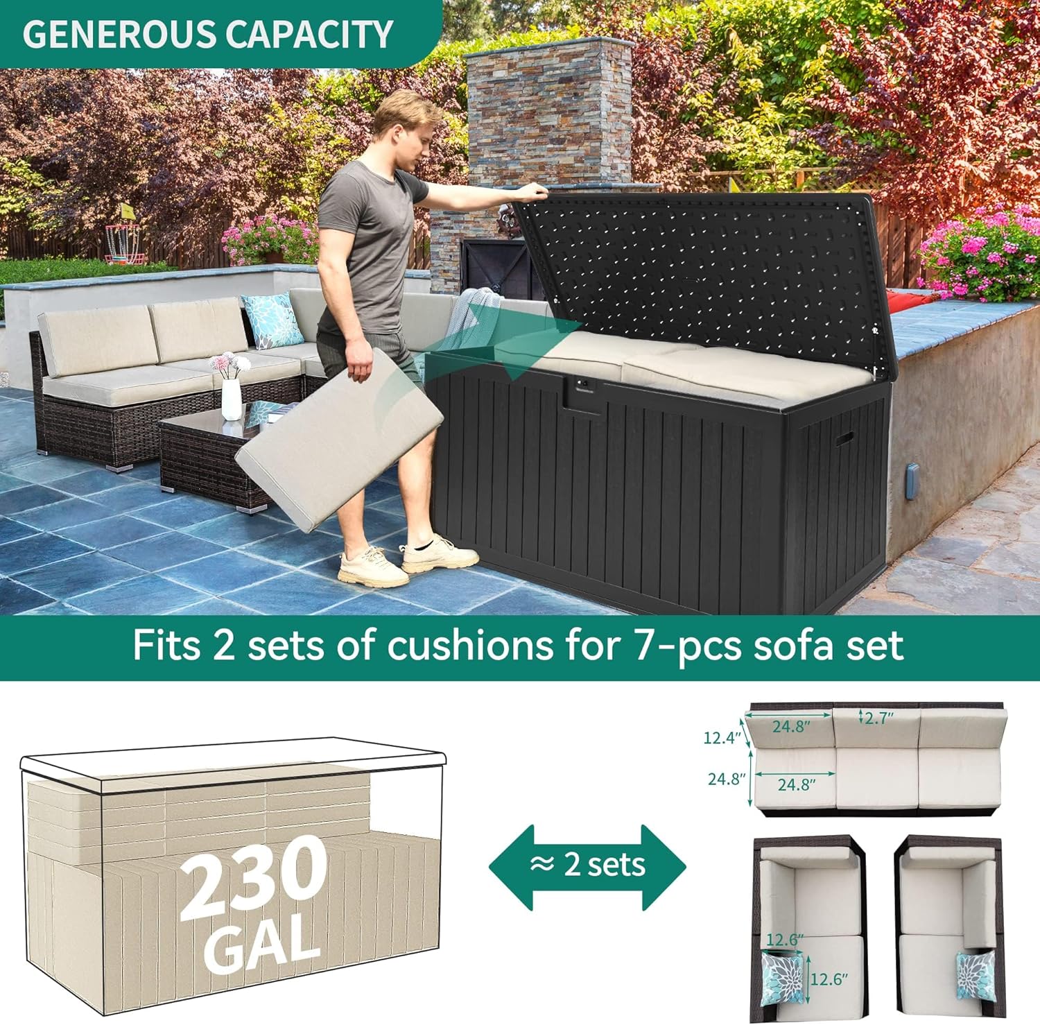 YITAHOME XXL 230 Gallon Large Deck Box,Outdoor Storage for Patio Furniture Cushions,Garden Tools with Flexible Divider,Waterproof,Lockable (Black) - Retail $349 - Image 2
