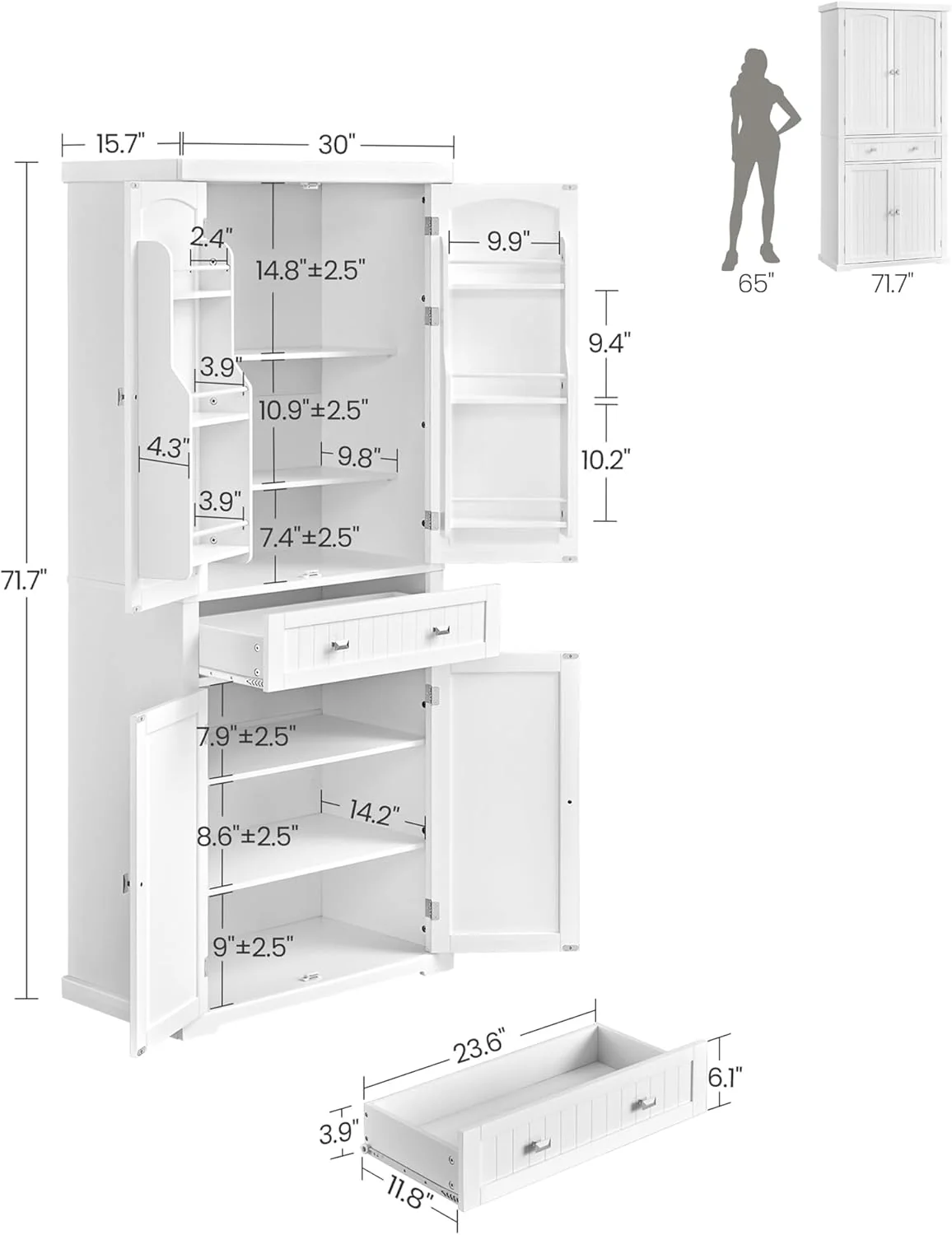 VASAGLE Pantry Cabinet, 71.7-Inch High Freestanding Tall Cupboard Storage Cabinet with a Drawer, 2 Cabinets, 4 Adjustable Shelves, 6 Door Shelves, for Living Room, Kitchen, White UBBC561P31V2 - Retail $229 - Image 2