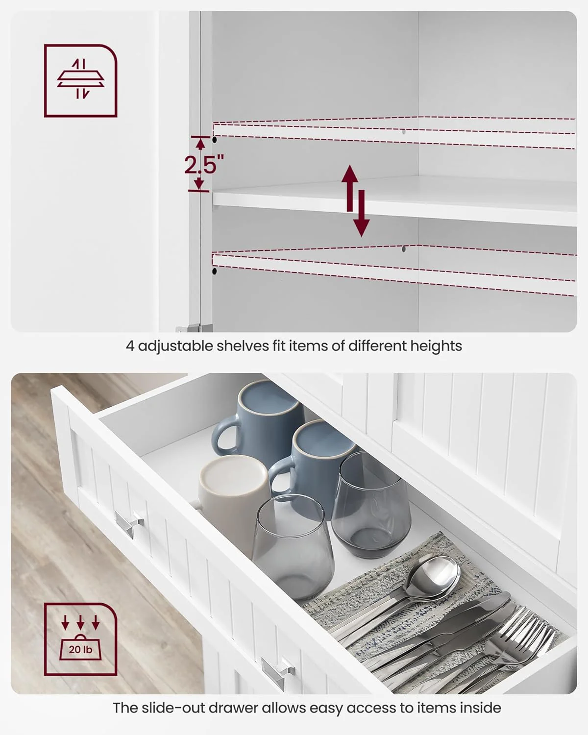VASAGLE Pantry Cabinet, 71.7-Inch High Freestanding Tall Cupboard Storage Cabinet with a Drawer, 2 Cabinets, 4 Adjustable Shelves, 6 Door Shelves, for Living Room, Kitchen, White UBBC561P31V2 - Retail $229 - Image 3