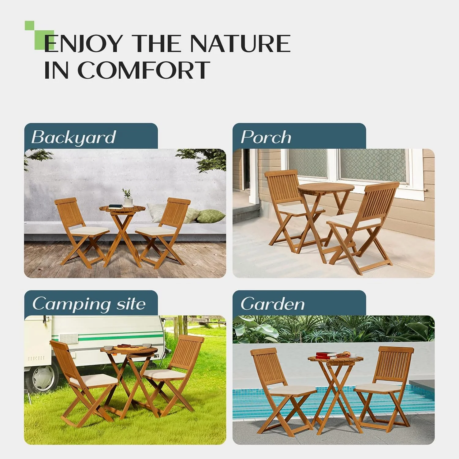 IDZO Heavy Duty 400lbs Capacity Patio Bistro Sets, 3 Piece Outdoor Folding Chairs with Cushions and Round Table, FSC-Certified Acacia Wood, Space-Saving Design for Balcony, Garden and Porch - Image 5