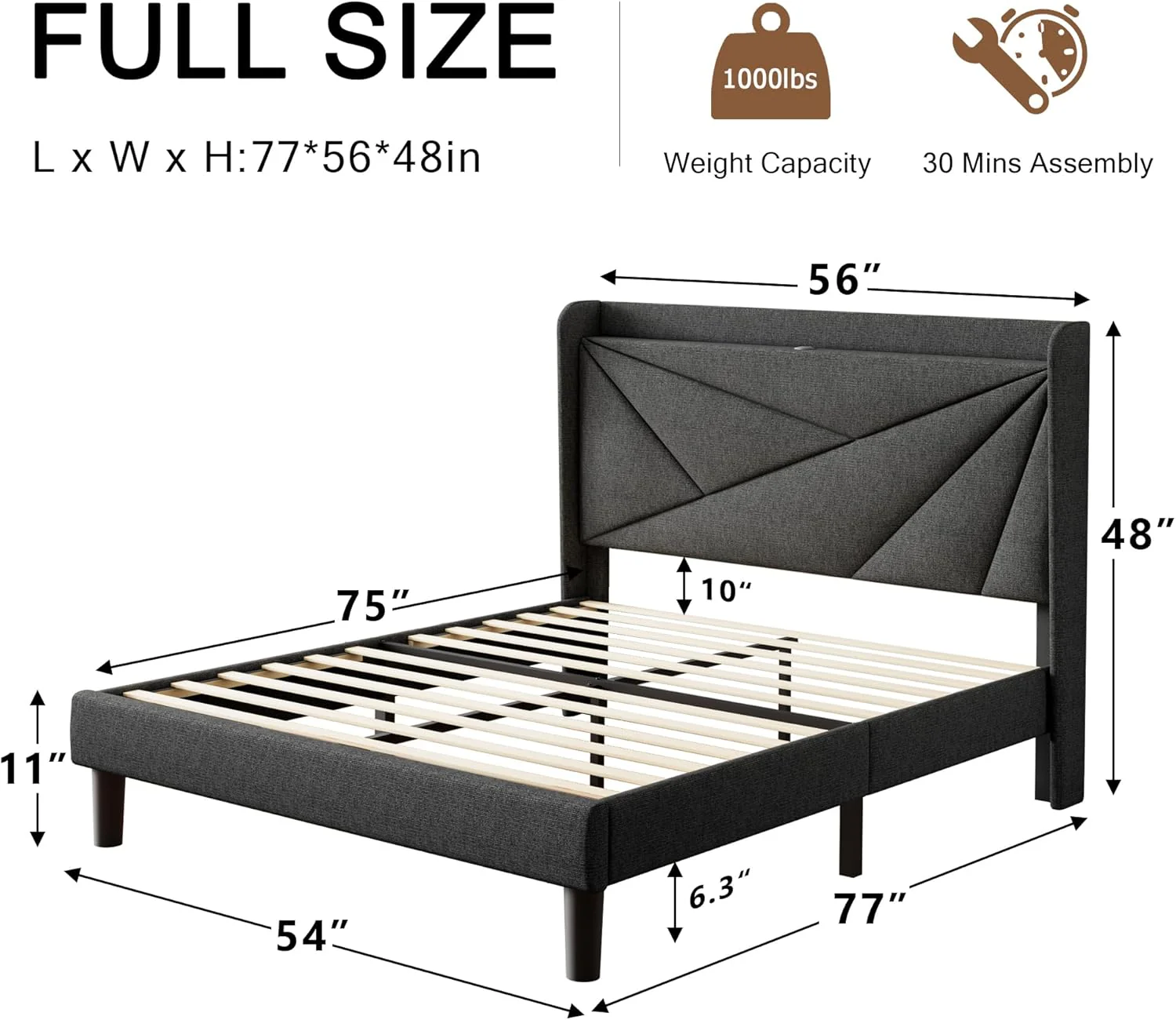 Full Size Upholstered Bed Frame with Charging Station, Platform Bed Frame with Storage Headboard, Solid Wood Slats Support, No Box Spring Needed, Dark Gray - Image 2