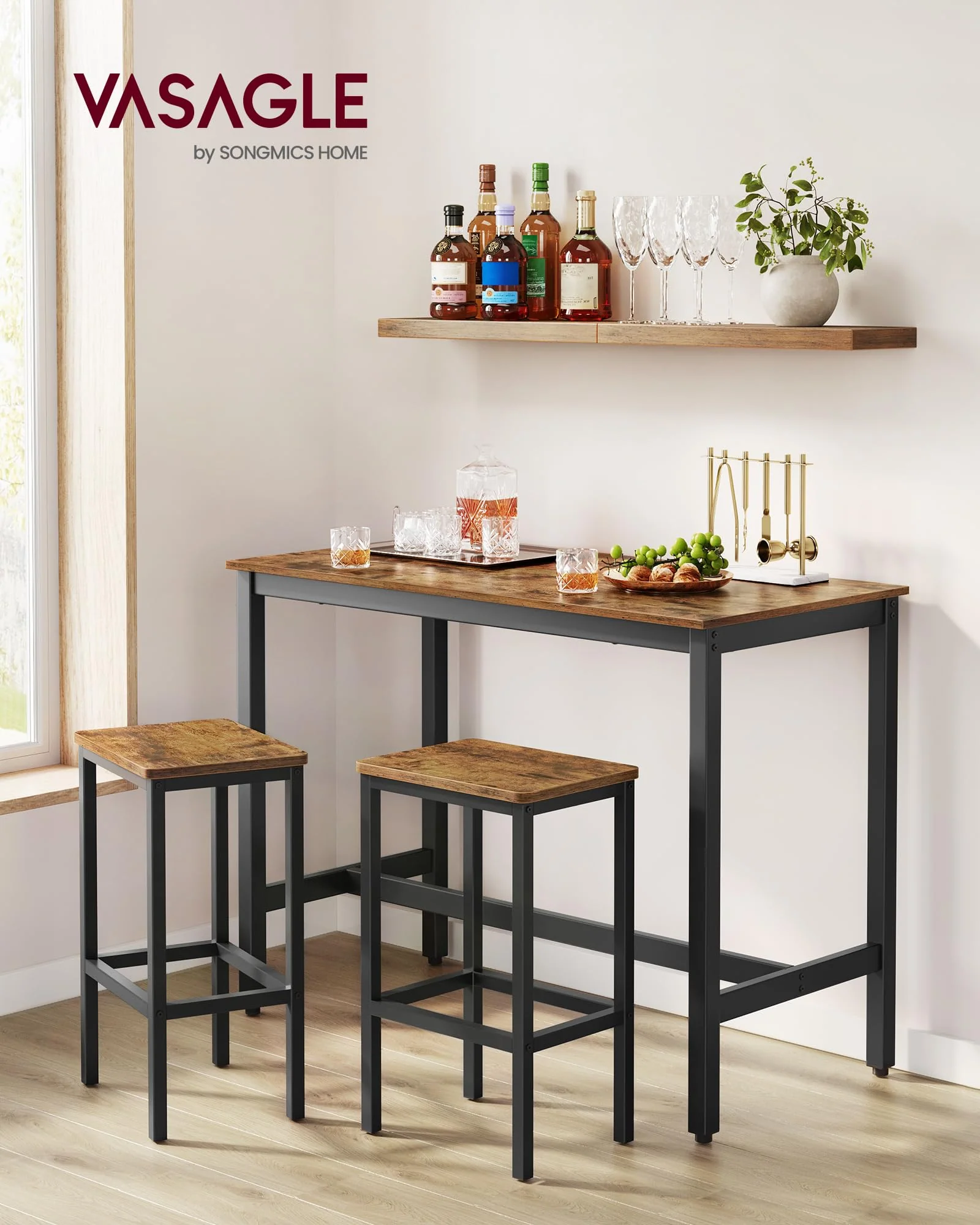 VASAGLE Bar Table and Chairs Set, Rectangular Table with 2 Stools, Dining Pub Set for 2 - Image 2