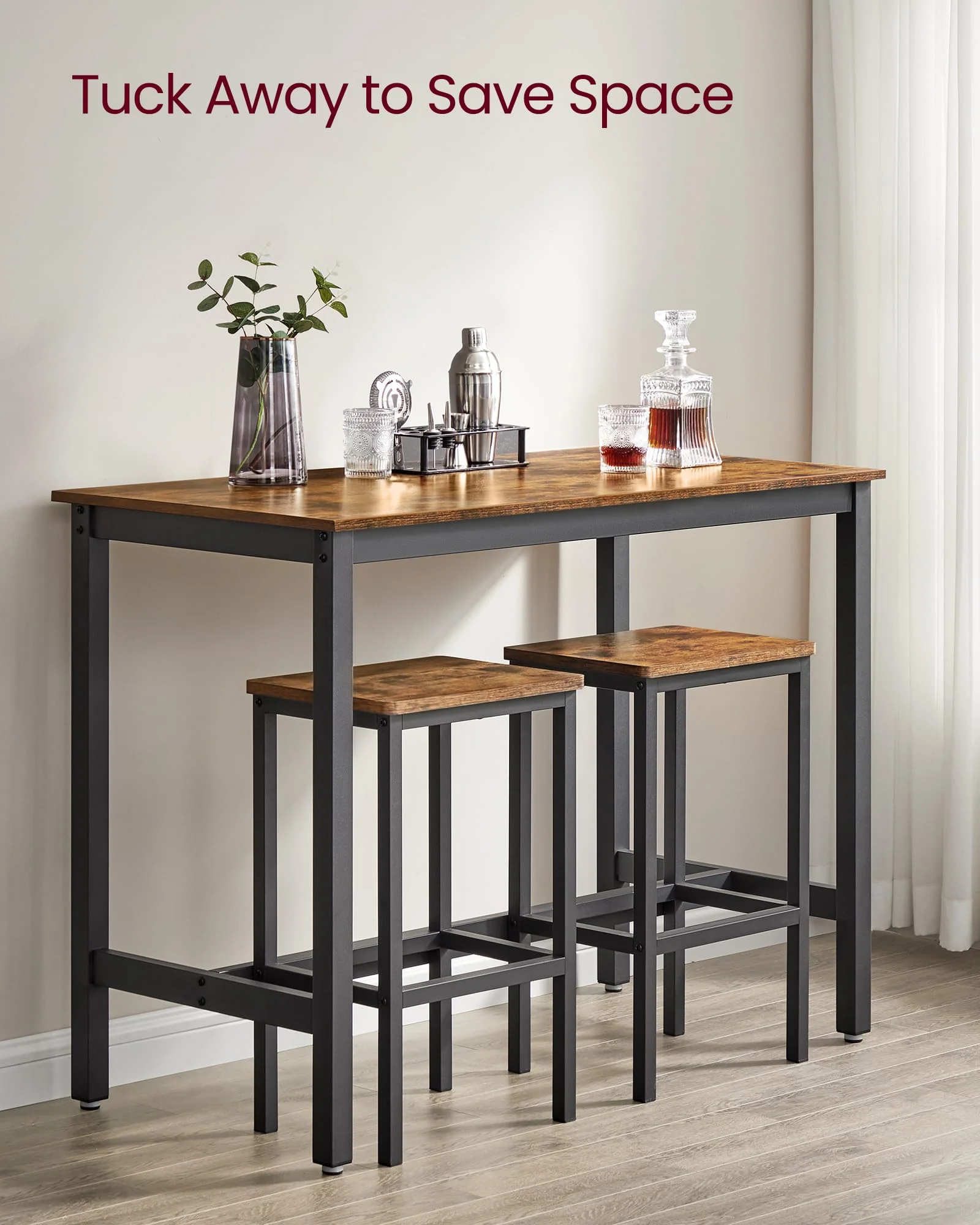 VASAGLE Bar Table and Chairs Set, Rectangular Table with 2 Stools, Dining Pub Set for 2 - Image 4