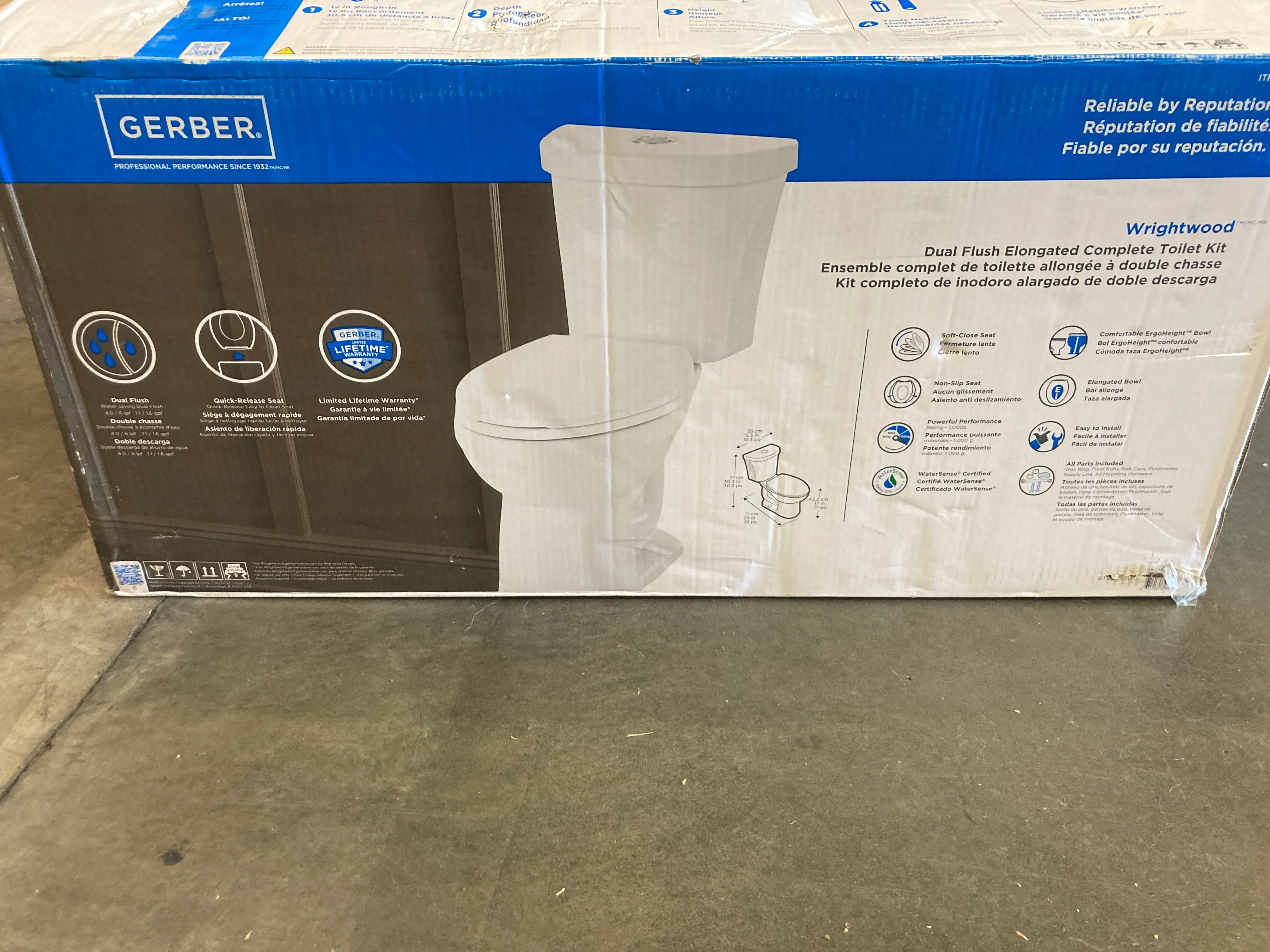 Costco - Gerber Wrightwood Dual Flush Elongated Complete Toilet Kit - CHIPPED BASE- Retail $169 - Image 3