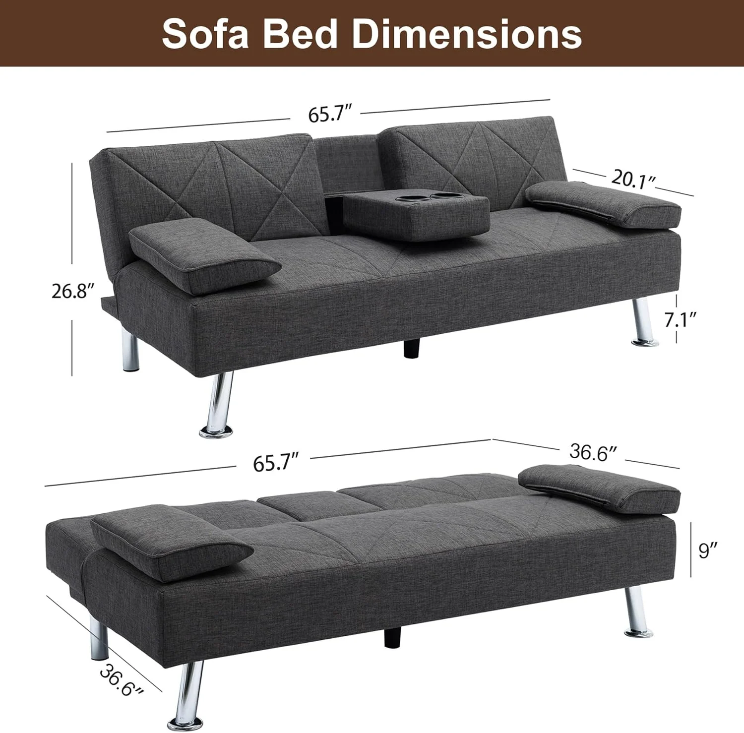 NEW - VECELO Modern Convertible Folding Futon Sofa Bed with Removable Armrests Breathable Linen Recliner Couch for Living Room/Apartment Lounge, 2 Cup Holders, Dark Grey - Retail $199 - Image 3