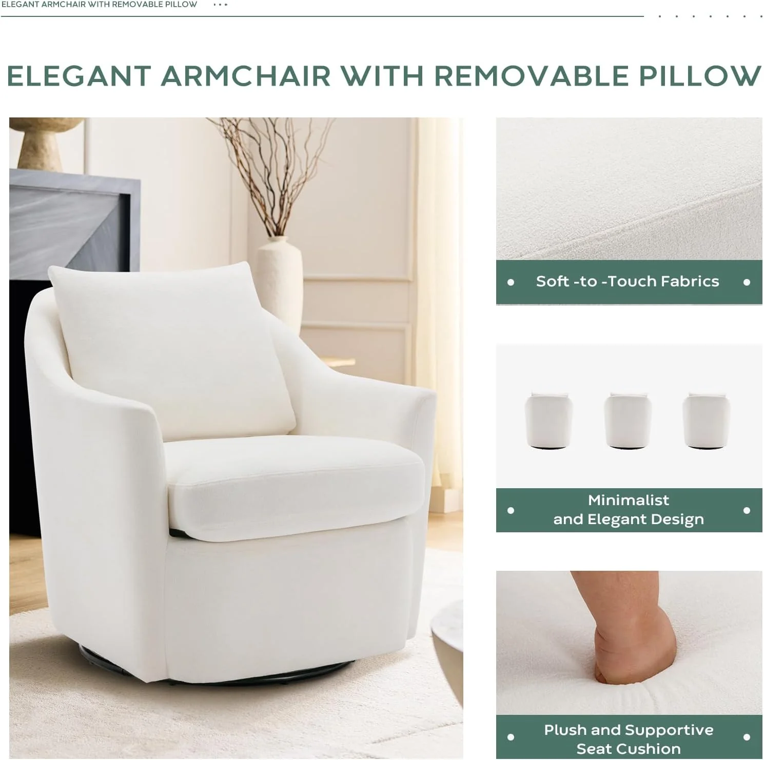 NEW - Swivel Barrel Chair 30'' Wide Upholstered Accent Chair with Back Pillow, Modern, Beige - Retail $190 - Image 3
