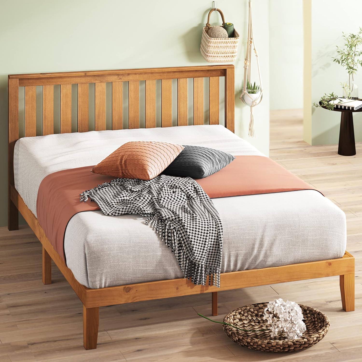 NEW - ZINUS Alexia Wood Platform Bed Frame with headboard, Solid Wood Foundation with Wood Slat Support, No Box Spring Needed, Easy Assembly, Rustic Pine, Queen - Retail $259
