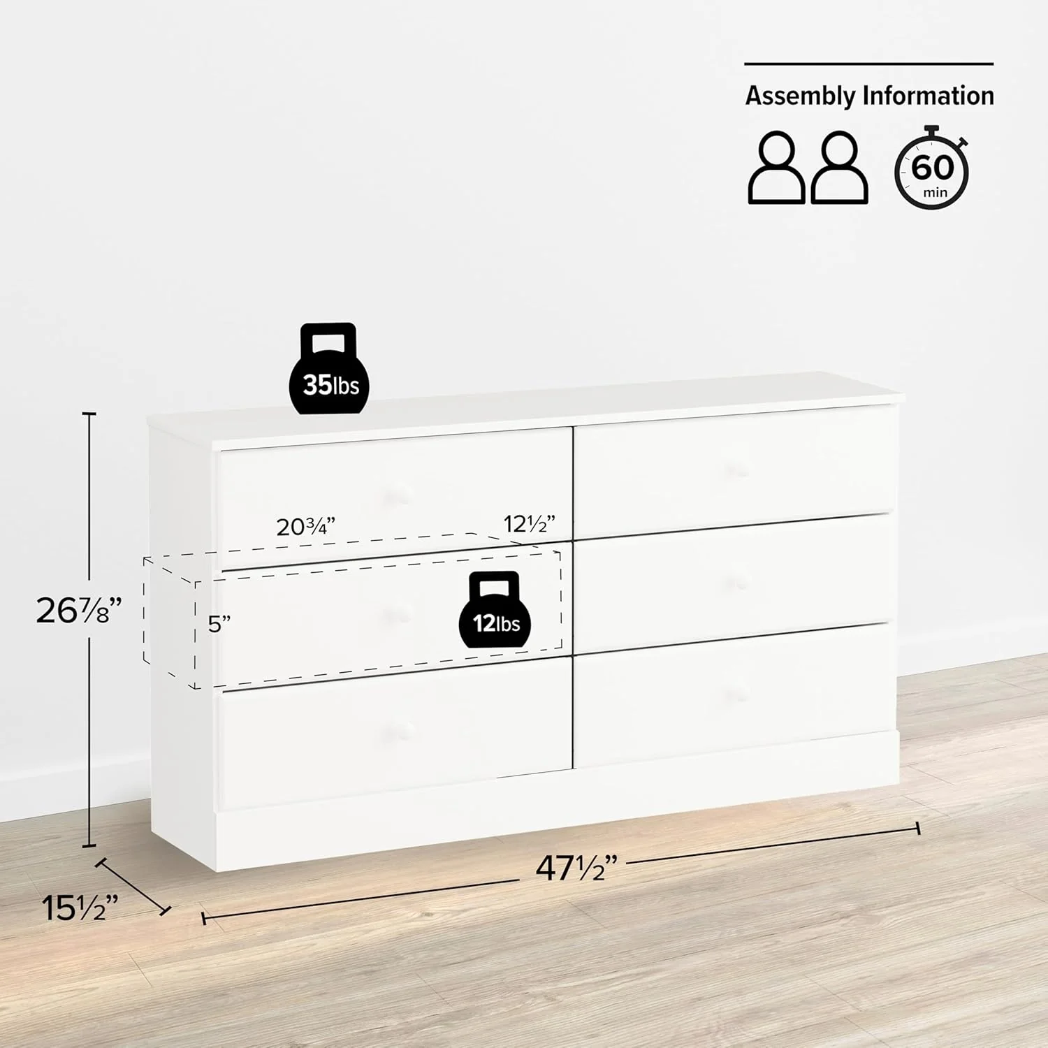 NEW - Prepac Astrid 6 Drawer Double Dresser for Bedroom, Wide Chest of Drawers, Bedroom Furniture, Clothes Storage and Organizer, 15.5" D x 47.5" W x 26.85" H, White - Retail $170 - Image 3