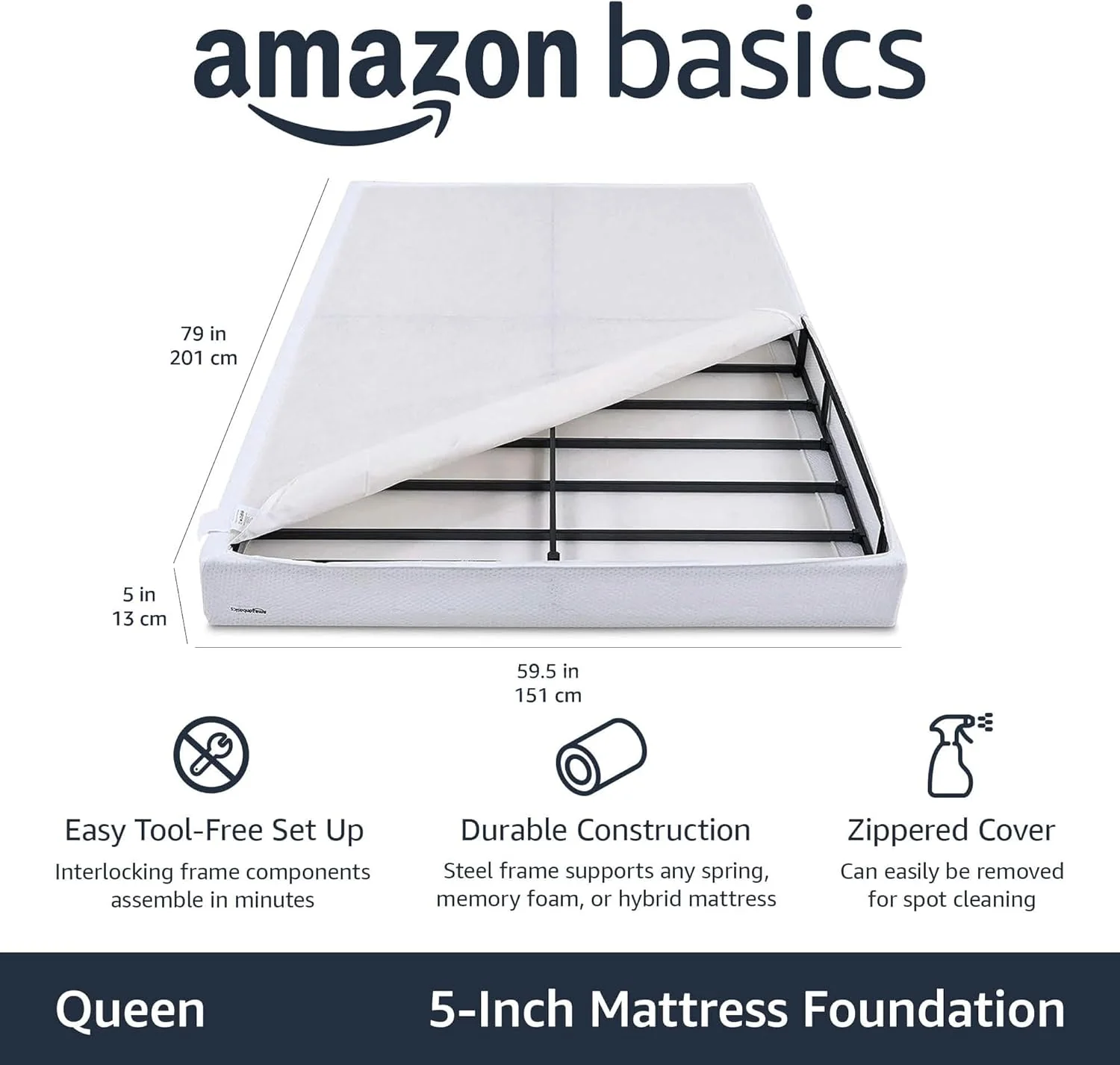 QUEEN Amazon Basics Smart Box Spring Bed Base, 5 Inch Mattress Foundation, Tool-Free Easy Assembly, Queen, White - Retail $116 - Image 2