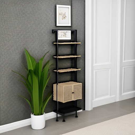Nathan James Theo Ladder 3 tier Open Bookshelf with Rattan Drawers and Matte Steel Frame, Light Oak/Black - Image 3