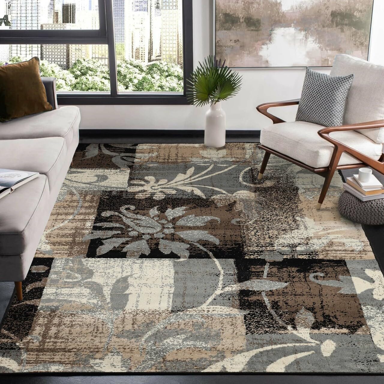 NEW - Superior Indoor Area Rug, Jute Backed, Perfect for Entryway, Office, Living/Dining Room, Bedroom, Kitchen, Floor, Modern Floral Patchwork Decor, Pastiche Collection, 8' x 10', Beige - Retail $90 - Image 3