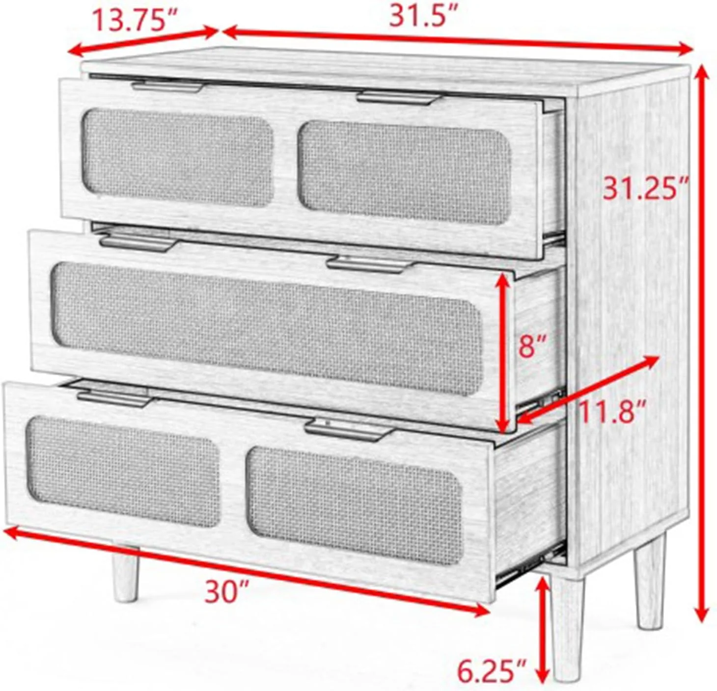 NEW - SPOFLYINN 3 Rattan Drawer Dresser with 3 Wide Drawers, Metal Handles Modern Rattan Dresser Cabinet for Bedroom, Living Room, Hallway, Entrance Farmhouse Storage Drawer Chest Walnut As Shown - Retail $260 - Image 3