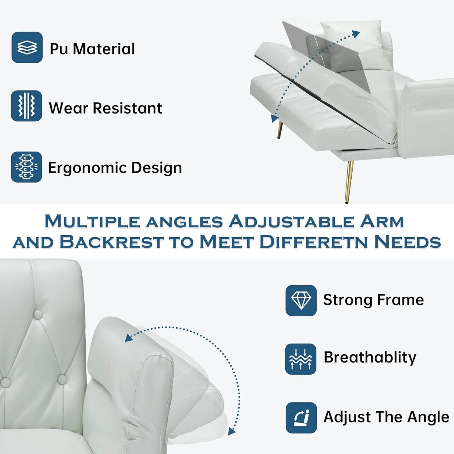 NEW - Elevon Futon Couch, Convertible Futon Sofa Bed, Faux Leather Folding Recliner Sleeper, Modern Lounge Sofa with Adjustable Armrests and Pillow for Living Room, Small Space, Office, Apartment, White - Retail $270 - Image 4