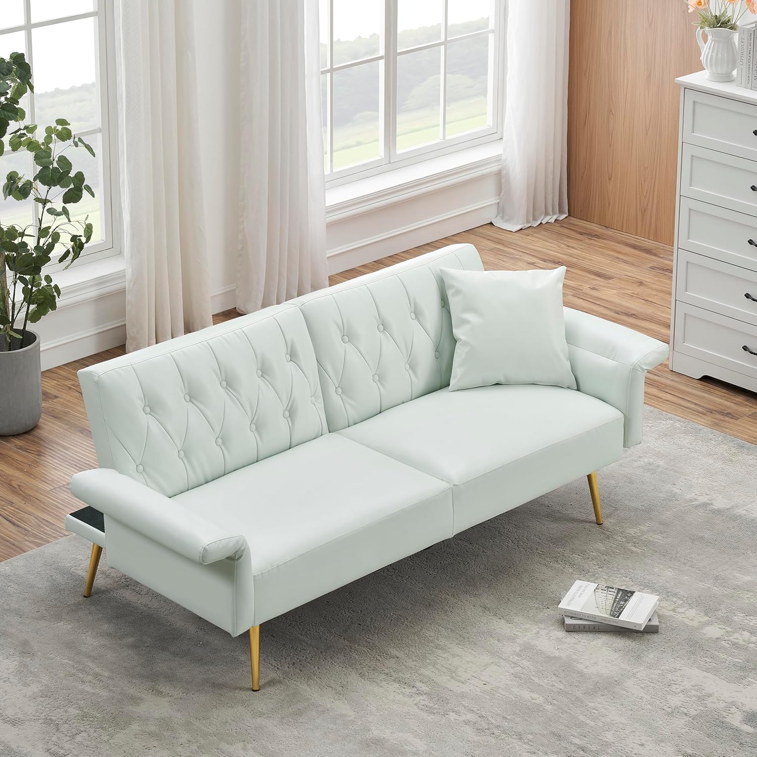NEW - Elevon Futon Couch, Convertible Futon Sofa Bed, Faux Leather Folding Recliner Sleeper, Modern Lounge Sofa with Adjustable Armrests and Pillow for Living Room, Small Space, Office, Apartment, White - Retail $270 - Image 7