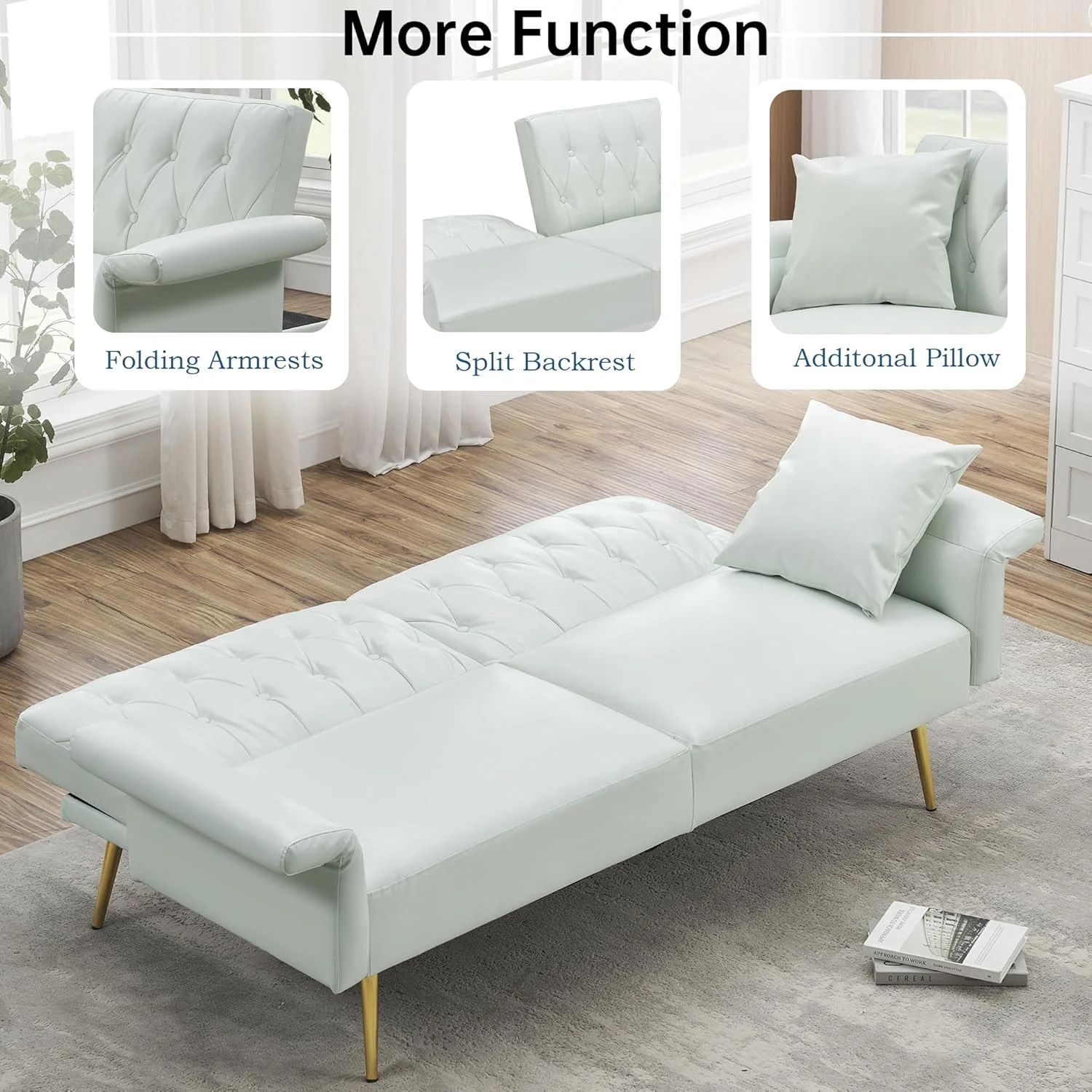 NEW - Elevon Futon Couch, Convertible Futon Sofa Bed, Faux Leather Folding Recliner Sleeper, Modern Lounge Sofa with Adjustable Armrests and Pillow for Living Room, Small Space, Office, Apartment, White - Retail $270 - Image 8