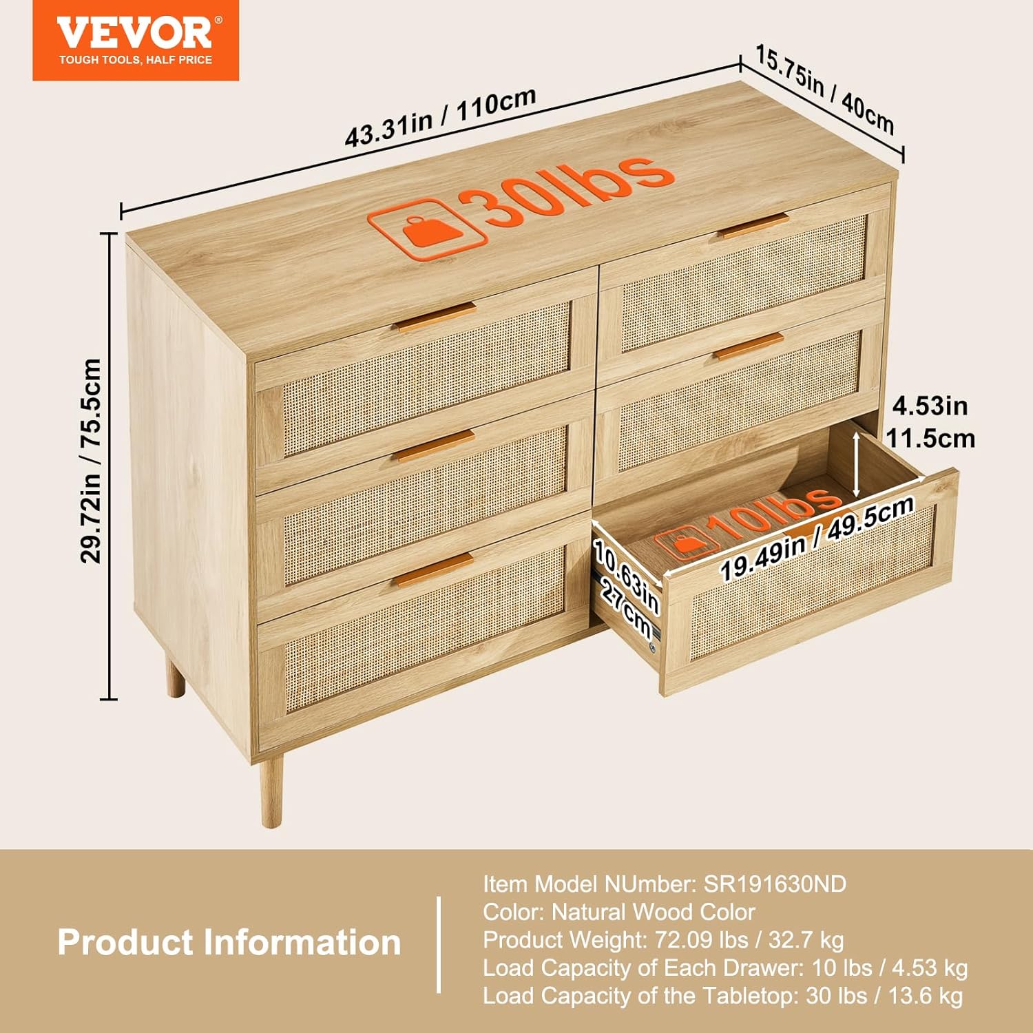 NEW - VEVOR 6 Drawer Rattan Dresser, Boho Dresser, Rattan Chest of Drawers with Spacious Storage, Natural Rattan Dresser for Bedroom, Living Room & Hallway,Rattan Nightstand with Sturdy Handles&Legs, Brown - Retail $209 - Image 2