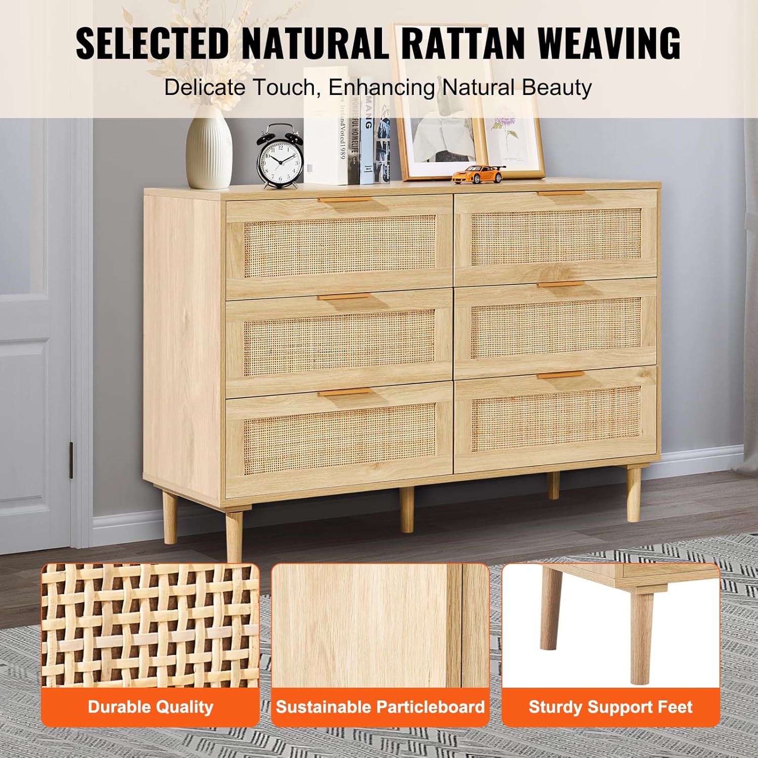 NEW - VEVOR 6 Drawer Rattan Dresser, Boho Dresser, Rattan Chest of Drawers with Spacious Storage, Natural Rattan Dresser for Bedroom, Living Room & Hallway,Rattan Nightstand with Sturdy Handles&Legs, Brown - Retail $209 - Image 4